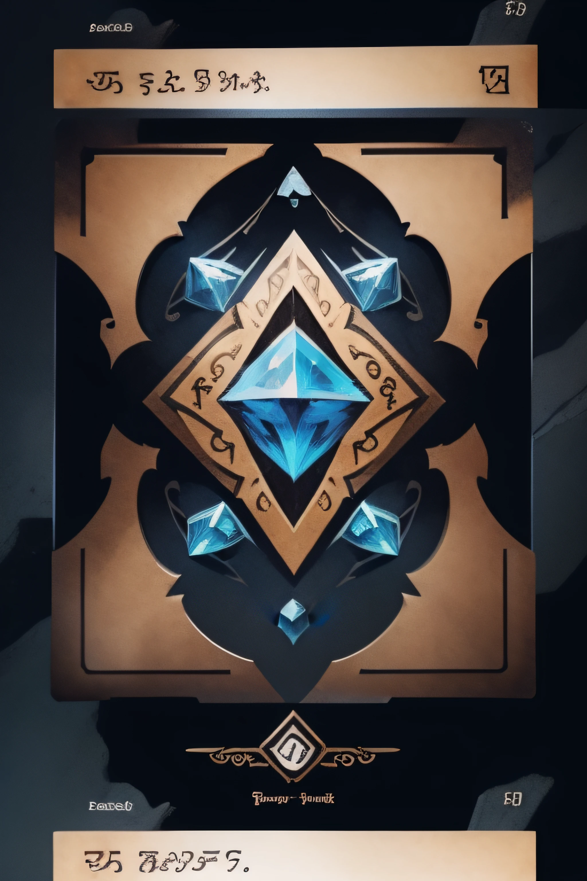 Draw three blue crystal ores on brown background,On the ore there is a paladin's longsword crossed with the barbarian's warhammer， tarot card layout, tarot design, card back template, full card design, the tarot card of earthly demise, tarot cards, Siegel, tarot design, Center in the panel, symmetrical tarot card, card art, grimoire page, Card templates, trading card fond