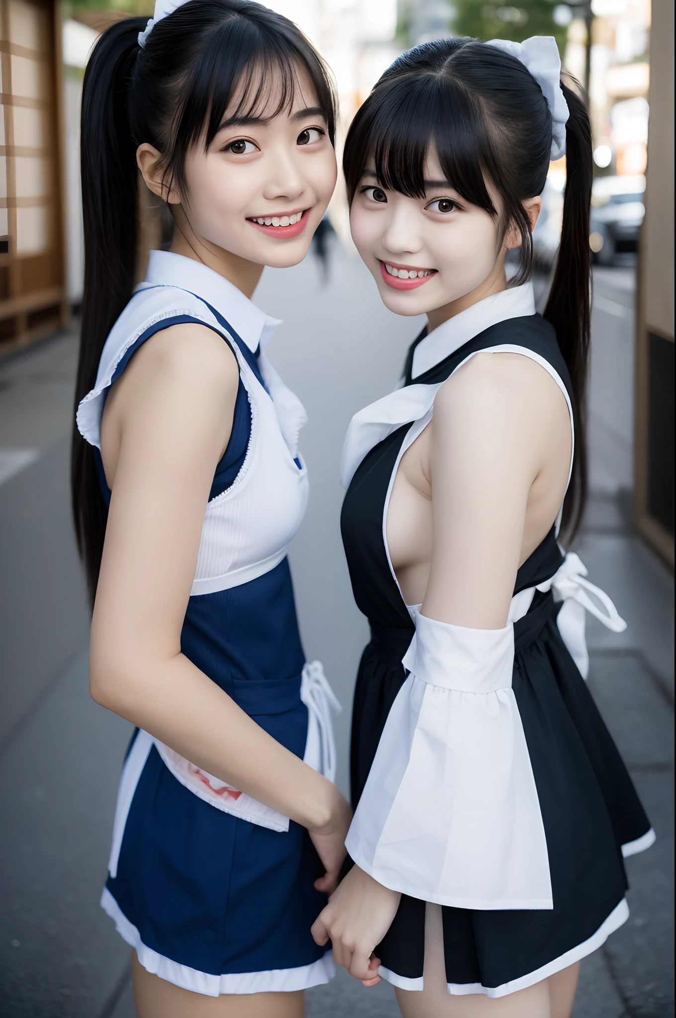 raw photo,2girls,((Japan person dressed as a maid)),sleeveless,18year old,bangs,Young face,idol face,Fine-grained skin,Expresses even the smallest parts of the face,Thin eyebrows,ino lip rouge,a smile,bangss,short torso,poneyTail,Photos in the city,knee high socks,Absolute Area,from behind