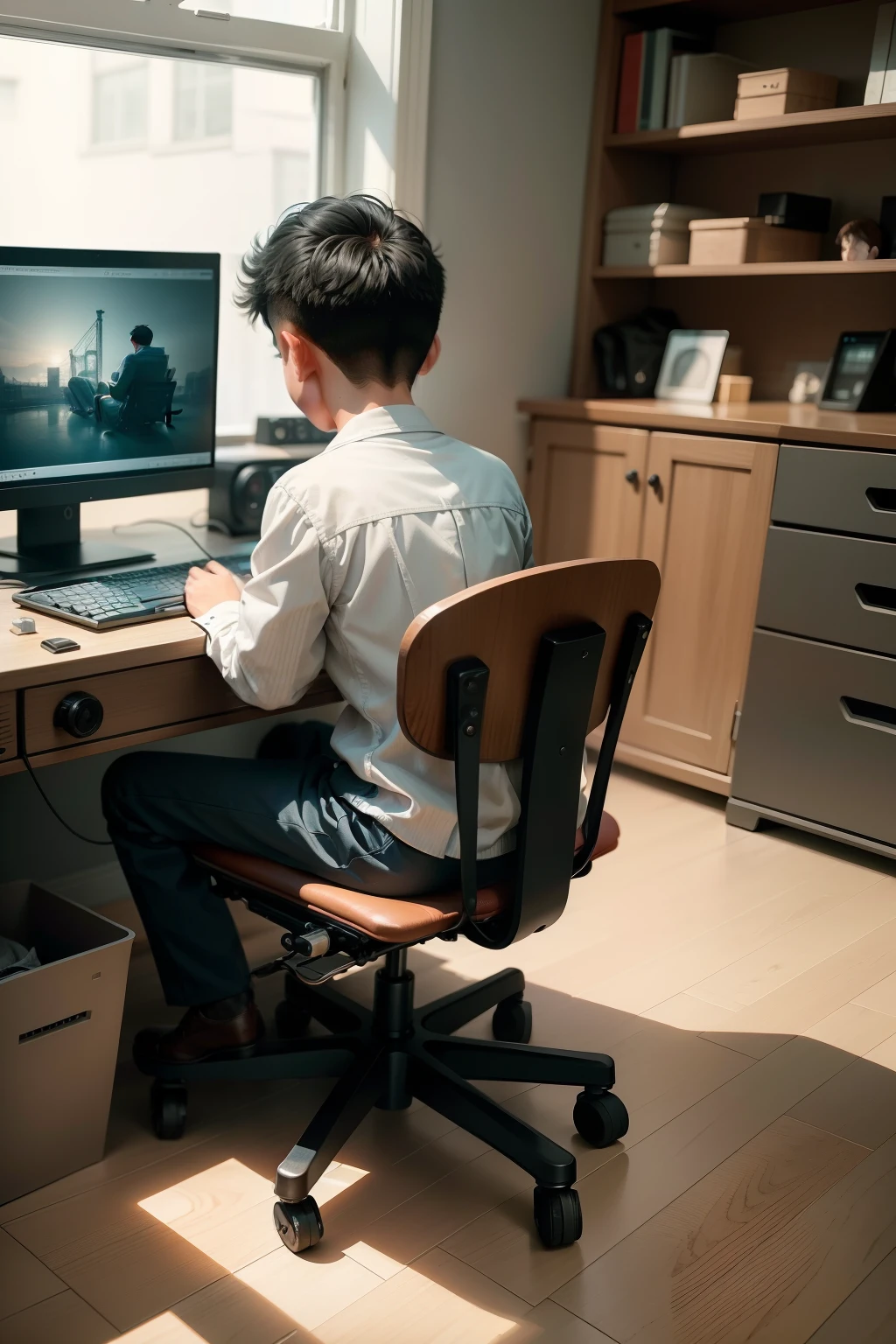 A boy sits in a computer chair,Obsessively playing with the computer。A computer screen shows a textile machine scene from the industrial era。Only the boy's back and computer desk can be seen in the photo。