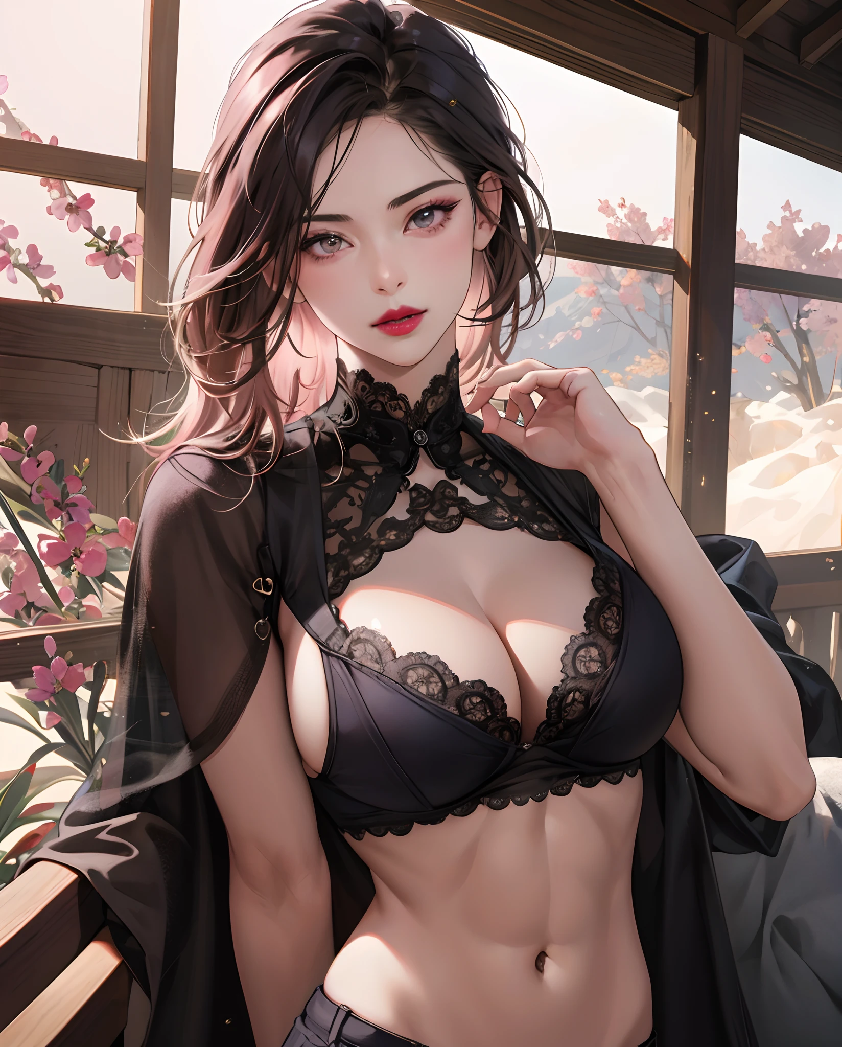 (masterpiece, best quality, extremely detailed 8k, ultra hd, ultra-detailed, highly detailed, highly realistic, ultra-realistic, photo realistic), (1girl:1.5), (detailed realistic skin), (realistic big breasts), (pink lipstick), slender abs,