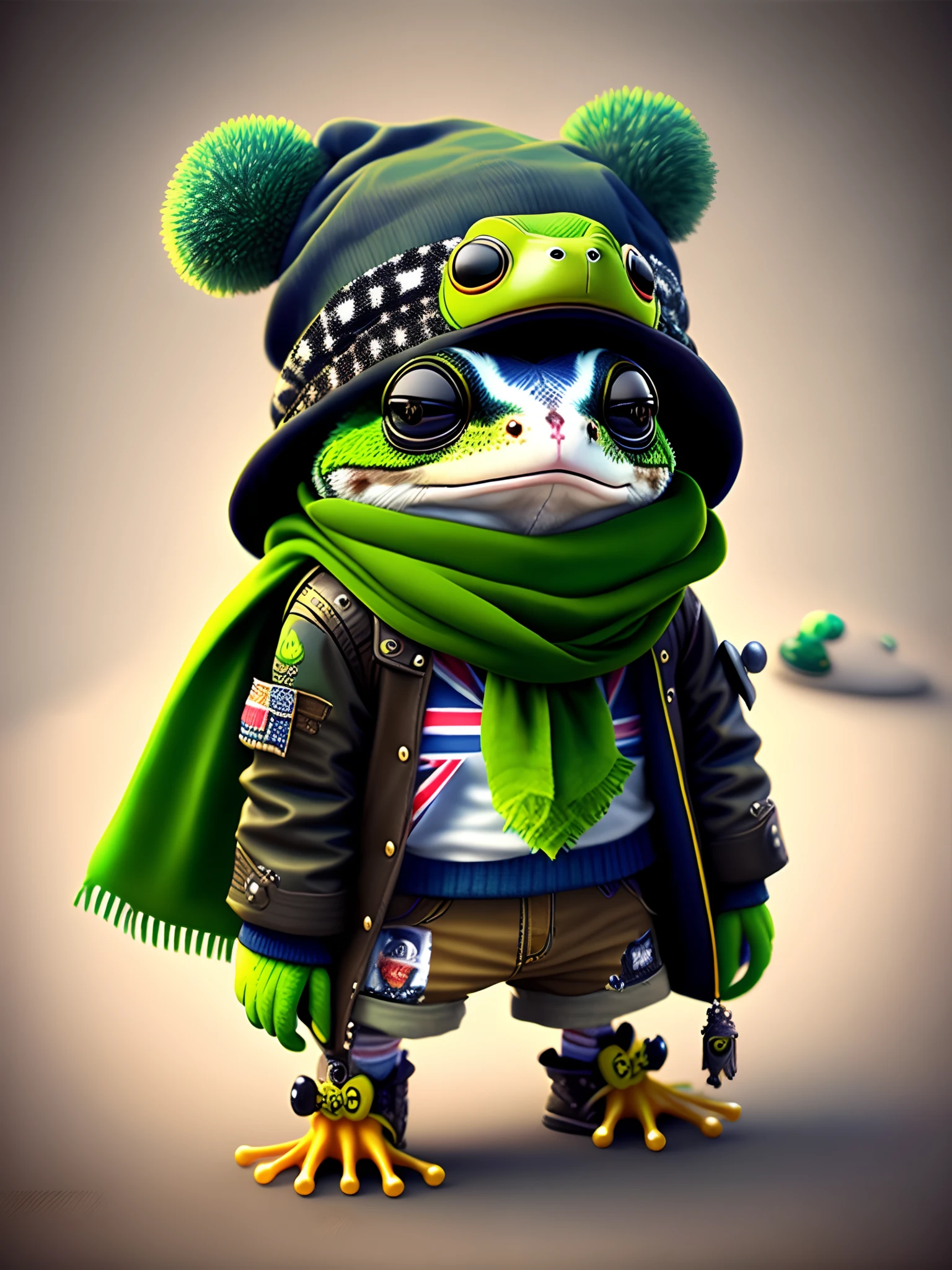 Image of a frog wearing a hat and scarf, trends in the art station, dressed in punk clothing, Ultra-realistic detail rendering, British gang member, Urban style, intimidating pose, Planet of Frogs, Fashion clothes, Urban Samurai, meow, West Slavic traits, 8 1 5