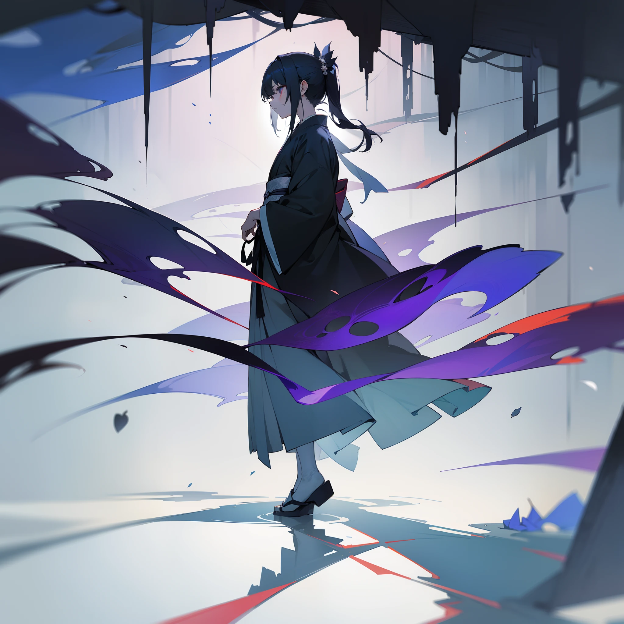 The eerie balance created by Taiki is、Heavy in the dark々Shaken。On both scales、A mass of dark shades floats silently in the air、The surrounding world is covered with withered flowers and vegetation。At its heart is、There stood a woman dressed in kimono.、Silently gazing at this tragic scene。Despair and sadness in her eyes、And a deep shadow is falling that makes you feel the pressure of this scenery。