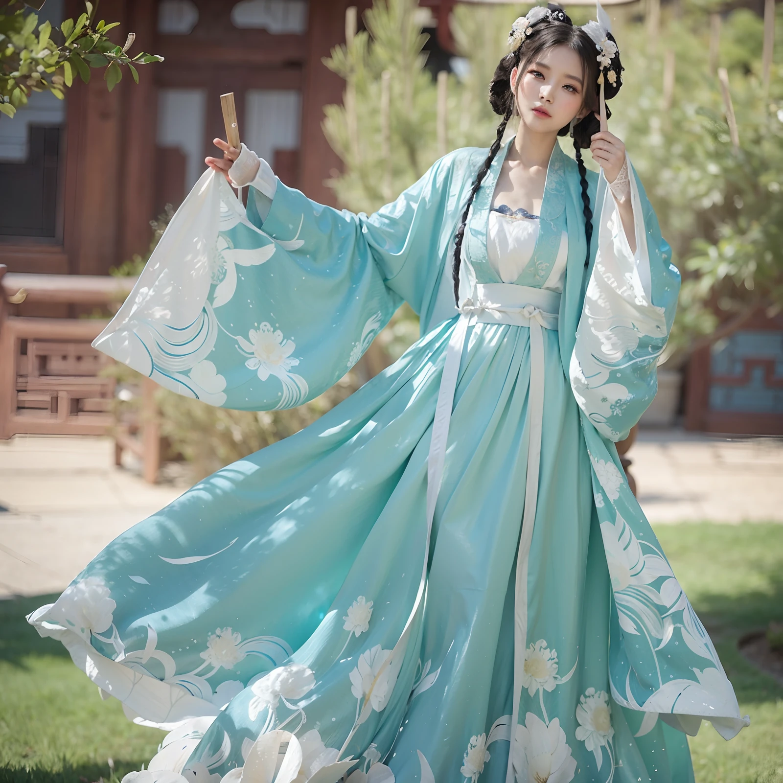 Woman in blue and white dress holding a fan in front of a tree, Hanfu, Traditional Chinese clothing, White Hanfu, Palace , A girl in Hanfu, Wearing ancient Chinese clothes, flowing magical robe, long beautiful flowing kimono, Chinese dress, with acient chinese clothes, Flowing robes, Chinese costume, dragon-inspired cloth robes, full-body xianxia