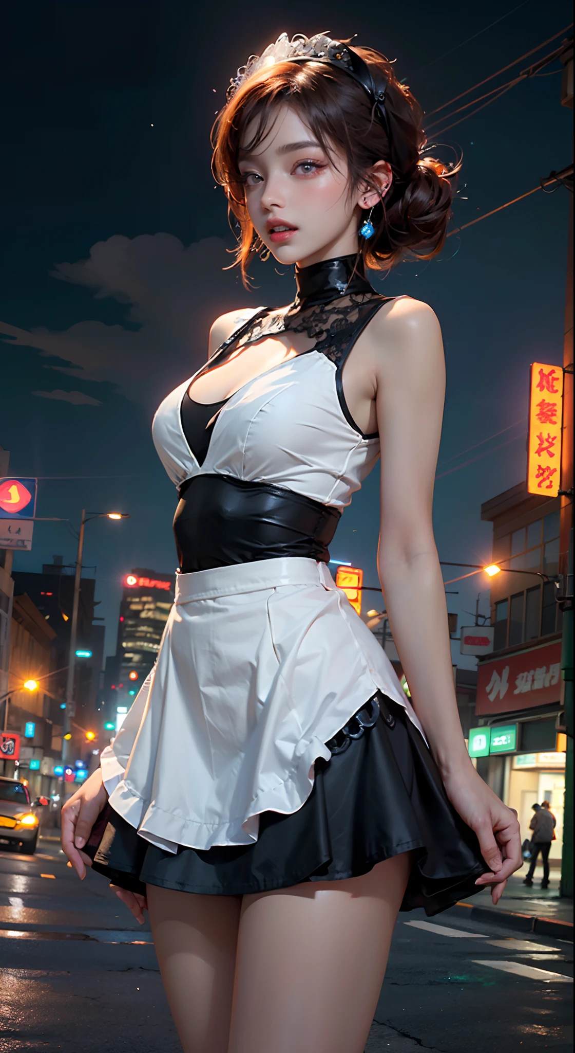 1 Girl, Korean, A faint smile, Long hair, Brown hair, Large Breasts, Maid outfit, Mesh socks, Walking in the street, Dynamic Lighting, black background, Complex and meticulous, Meticulous attention to detail,