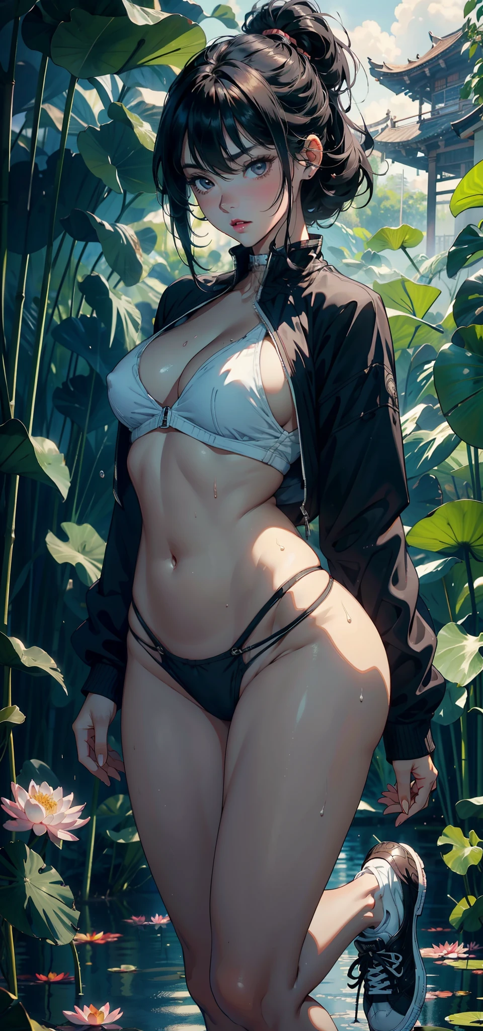 1female，3 ，bit girl，Small loli，huge-breasted，long leges，slenderlegs，Big breasts Thin waist，Pornographic exposure， 独奏，（Background with：bamboo forrest，lotuses，lotus flower，exteriors，Lotus pond） She has short black hair，Qi bangs，bobo head，standing on your feet，Sweat profusely，drenched all over the body，seen from the front， hair straight， mostly cloudy sky，（（（tmasterpiece），（Very detailed CG unity 8K wallpaper），best qualtiy，cinmatic lighting，detailed back ground，beatiful detailed eyes，Bright pupils，Black eyes，（Very fine and beautiful），（Beautiful and detailed eye description），ultra - detailed，tmasterpiece，）），facing at camera，A high resolution，ultra - detailed），revealing breasts，Bare genitalia，  Bulge，legs are open，Raised sexy，Camel toes，Flushed complexion，Open-mouthed，frontage，elementarseball jacket，Sexy revealing denim panties，black sneaker shoes，nakeness），frontage