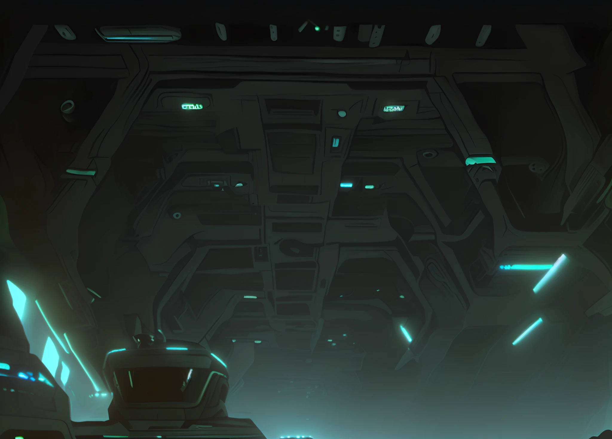Close-up of a sci-fi spaceship in a sci-fi environment, spaceship hangar, Spaceship corridor background, detailed sci - fi backgrounds, standing in a starbase bar, starship cargo bay, spaceship hallway, research outposts, scifi environment, scifi environment, scifi base, interior of an alien spaceship, dark hangar background, Research station,Science fiction mechanical structure,