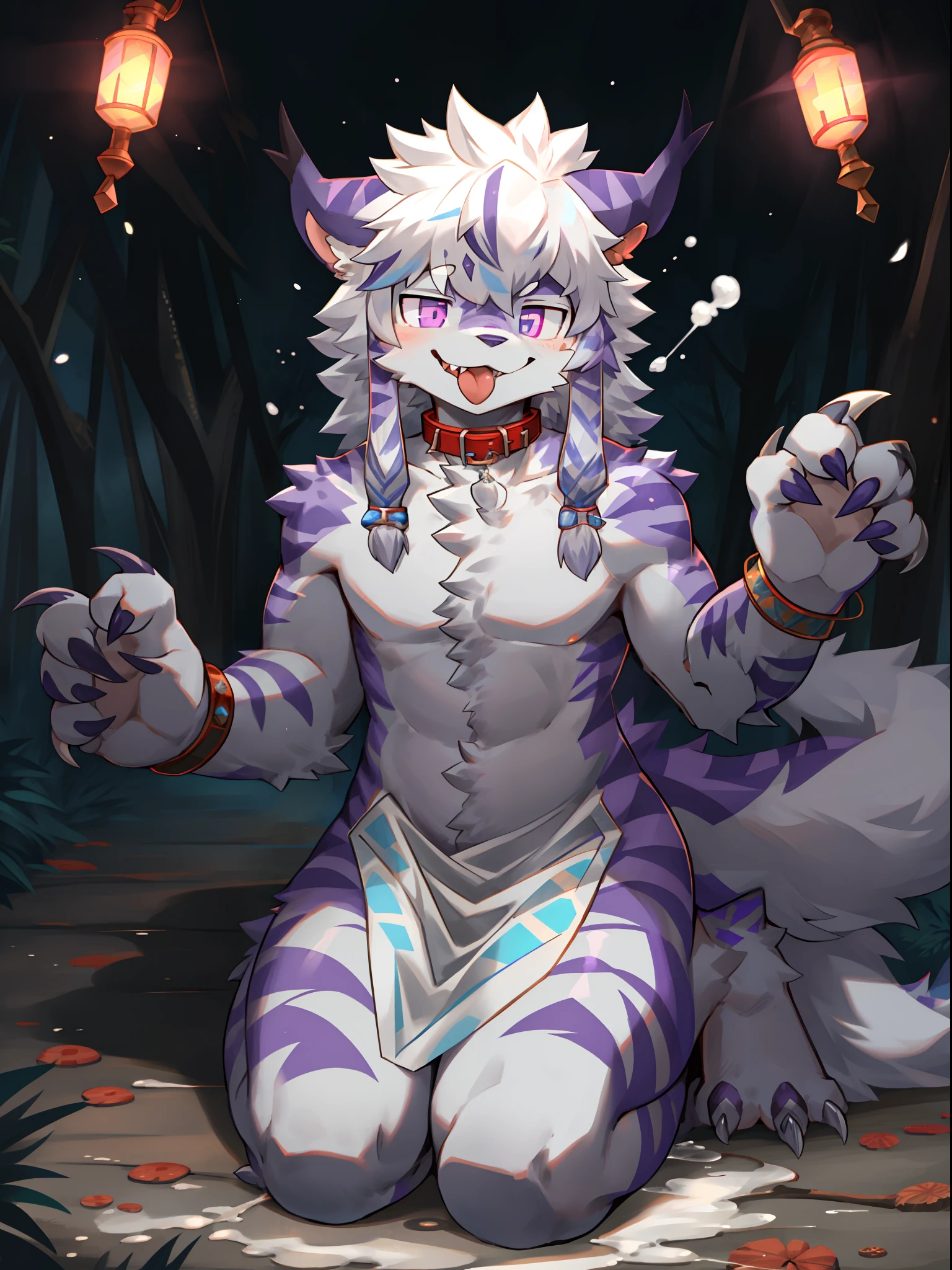 Perfect lighting，（best quality），（masterpiece），（Super detailed），（Six fox tails），Sharp focus，whole body，6 tails, Six tails，Six tails狐, hairy, Six tails, Six tails紫狐, Beast, Shota，juvenile，Purple，Purple Tail，Lilac body，Purple hair，Correct structure，Sexual desire boy，male，blush，slim，demon，Loincloth，Drum，Wronged，femboy，Sexy Boy，Boy，furry，femboy，Feminine boys，Long hair