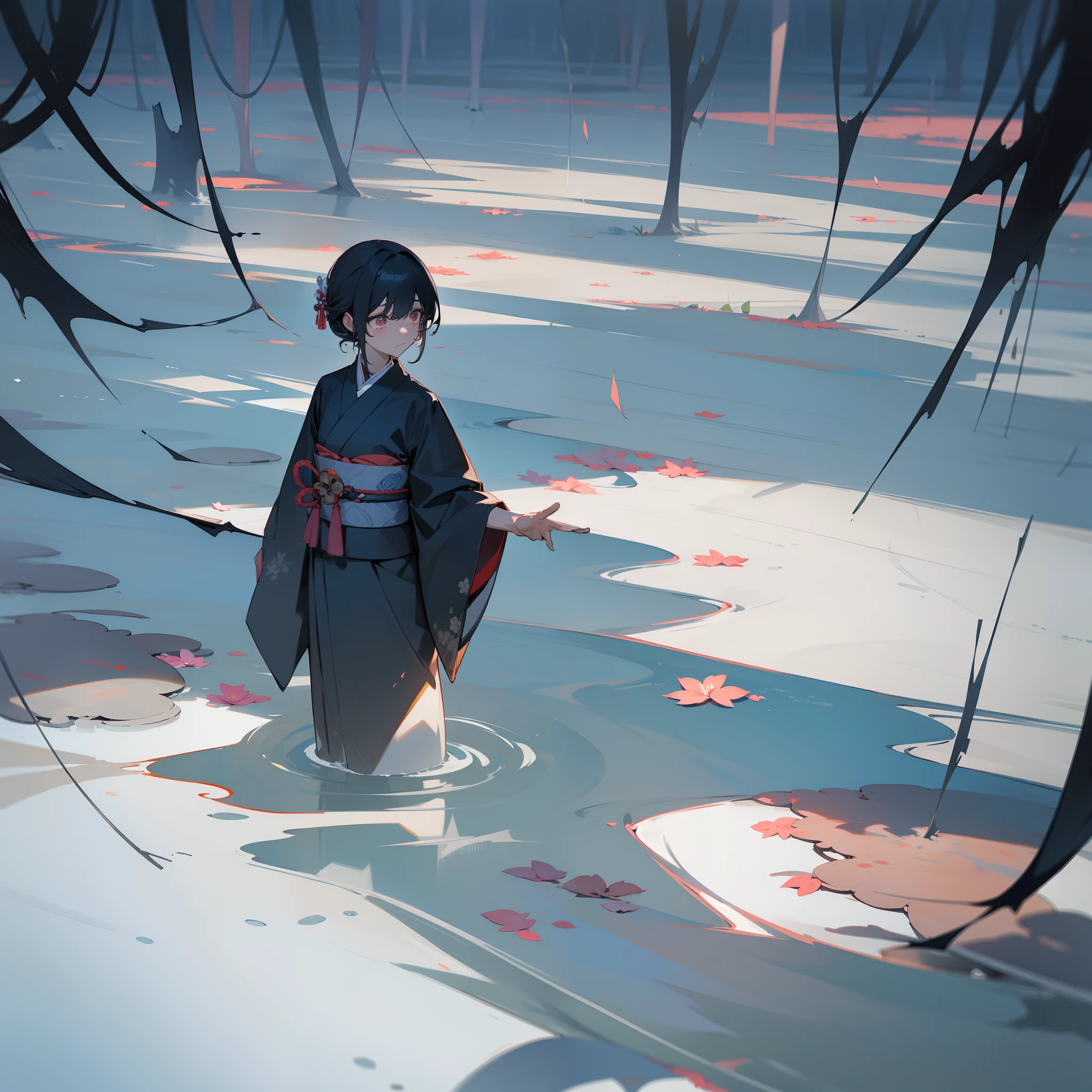 The eerie balance created by Taiki is、Heavy in the dark々Shaken。On both scales、A mass of dark shades floats silently in the air、The surrounding world is covered with withered flowers and vegetation。At its heart is、There stood a woman dressed in kimono.、Silently gazing at this tragic scene。Despair and sadness in her eyes、And a deep shadow is falling that makes you feel the pressure of this scenery。