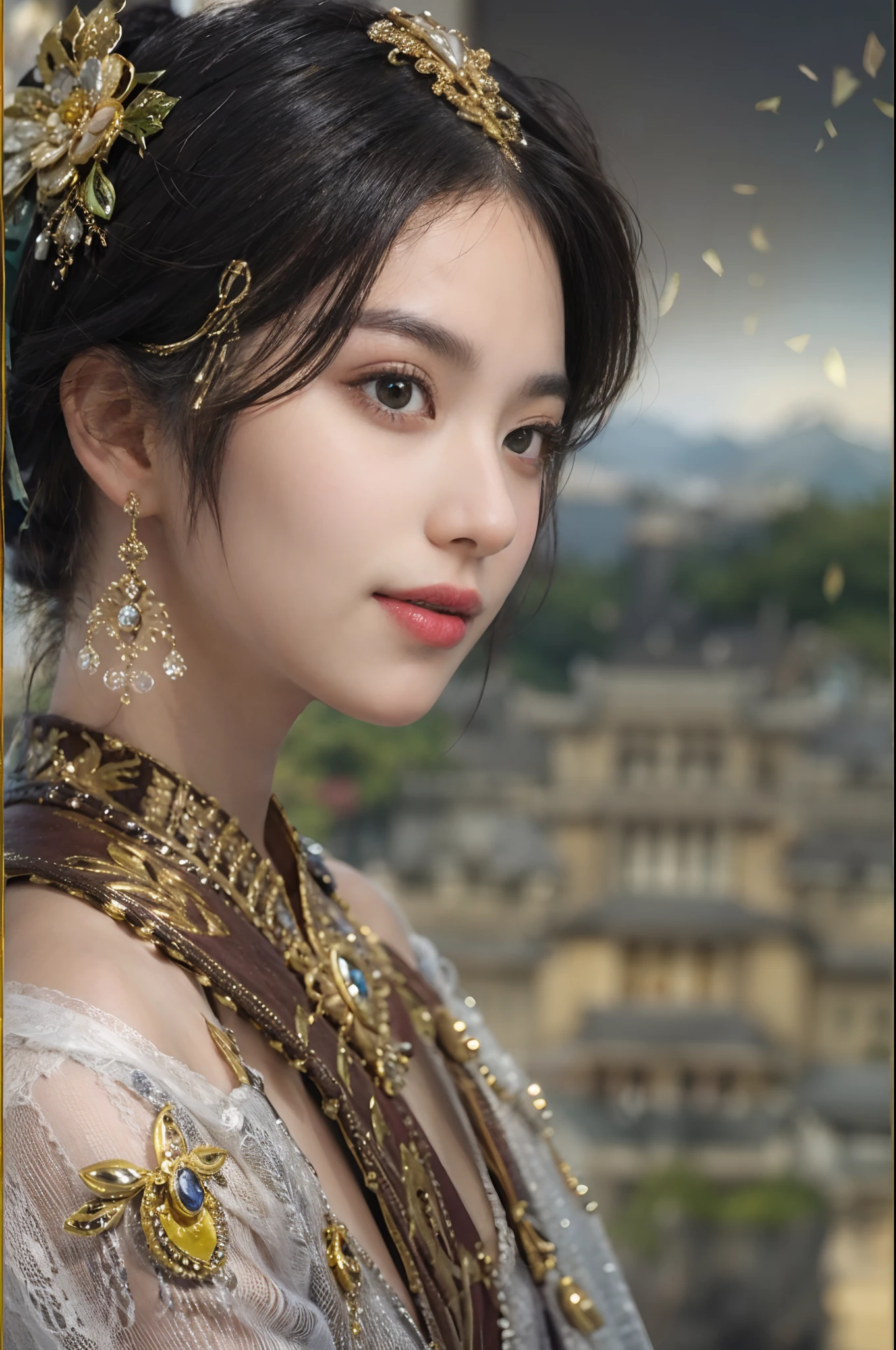 best qualtiy, ultra - detailed,beautifuldetails，(1beautiful woman)，Hair ornament on the head，depth of fields,（alluring face）,（((Black shorthair))），A sly smile, 电影灯光, Luxurious room， depth of fields,poster for