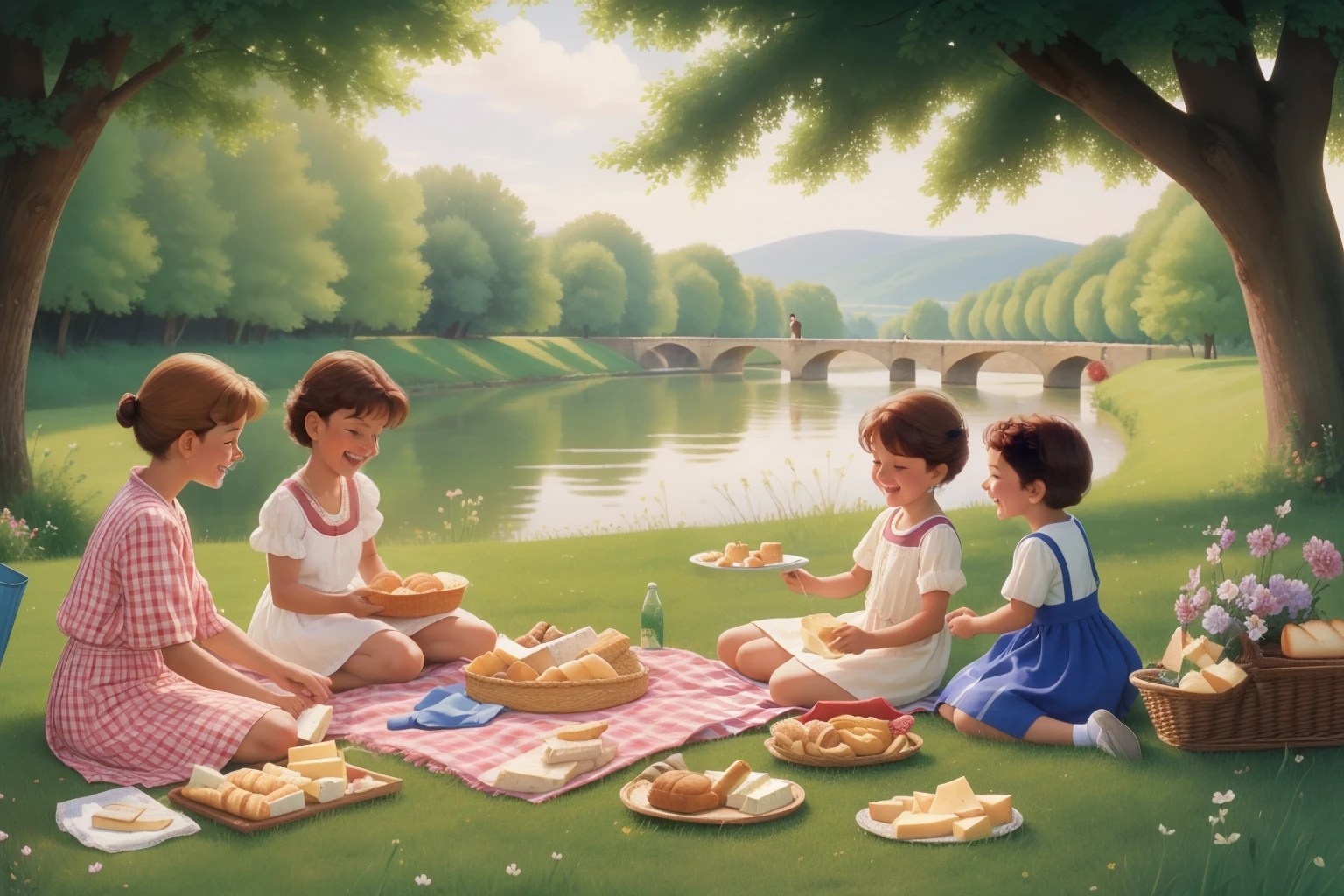 Year: 1992
Country: France
Description: In the picturesque French countryside, a family enjoys a leisurely picnic on the lush banks of the Seine River. A mother in a floral dress arranges an array of gourmet cheeses, baguettes, and pastries on a checkered blanket, while her children laugh and play with a frisbee nearby.