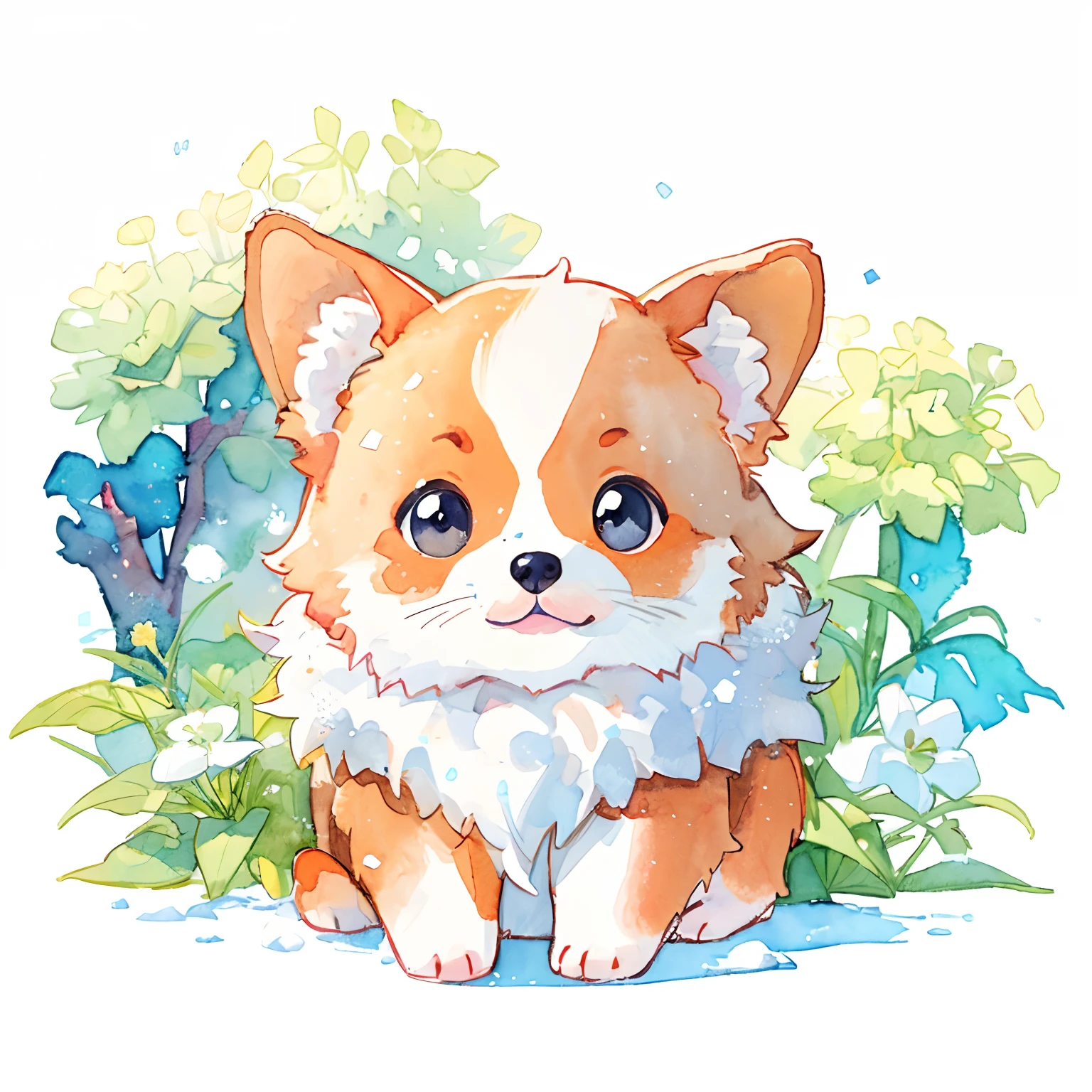 corgi:1.5、cute little、big eye、snow-white fur、fluffy fur、simple background、white backgrounid、watercolor paiting、springtime