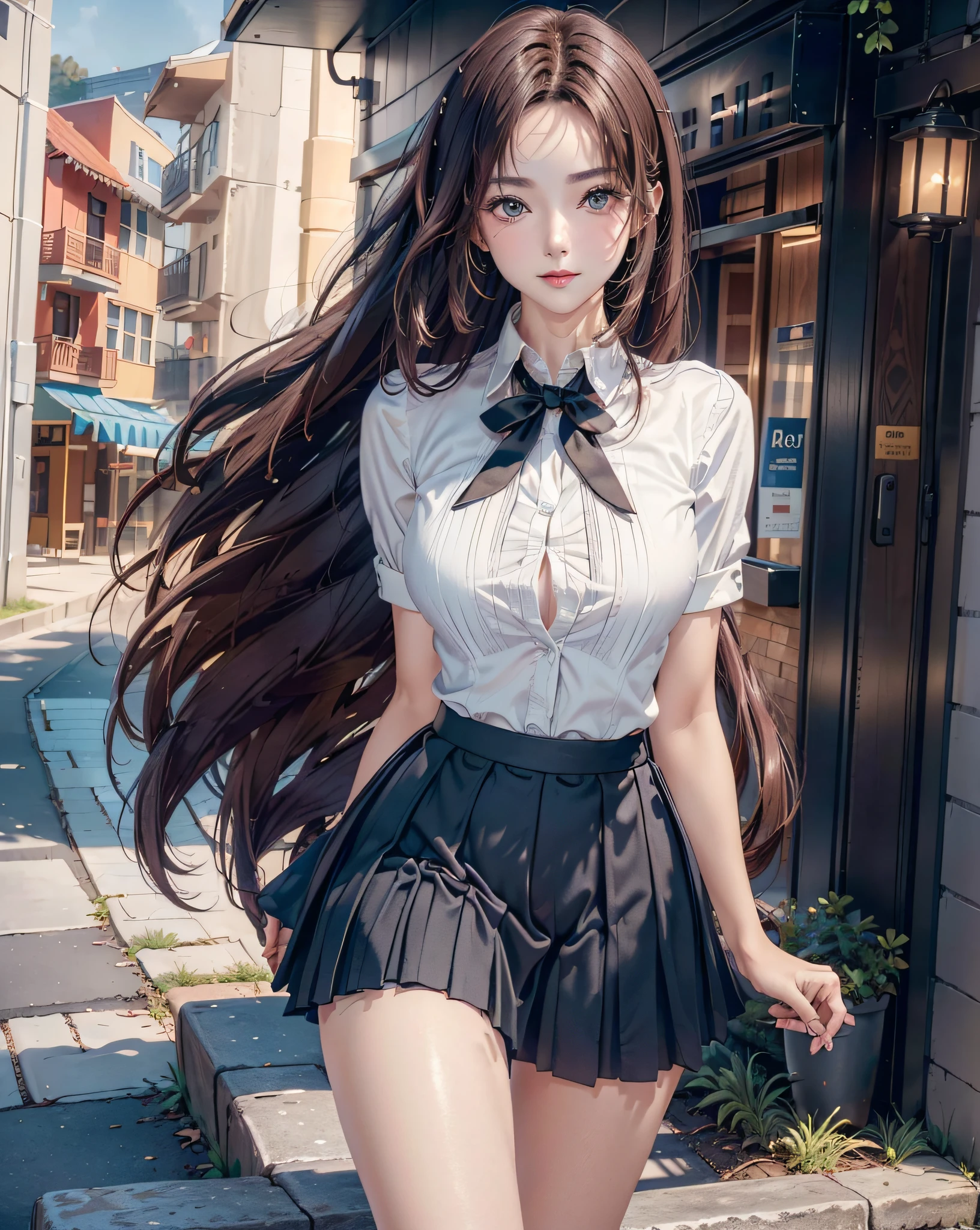 (Best quality, 8k, 32k, Masterpiece, UHD:1.2), (realistic:1.5), (masterpiece, Extremely detailed CG unity 8k wallpaper, best quality, highres:1.2), (ultra detailed, UHD:1.2), (cowboy shot:1.3), standing, stylish posing, closed legs, arms behind back, (from below:1.2, low angle), arms behind back, BREAK, 1girl, standing, :d:1.2, :p:1.2, seductive smile:1.2, happy, attractive emotion, mahogany hair, straight thin hair, bangs, orval face, (pretty Korean actress face:1.3, Japanese Idol face:1.3), ((1girl wearing a detailed deep-blue pleats-skirt:1.3 and white collared shirt:1.3, knee-length long-skirt:1.3), ( girl), professionattire, snekers, (33yo:1.1)), medium-large breast:1.25, thin waist:1.35, (thick thighs:1.5), (muscular thighs:1.5), BREAK
(Beautiful Sunset background:1.2, street view:1.2), looking at viewer, thighs focus, (cute), (no makeup), clean face, (realistic, photo-realistic:1.37), (masterpiece), (best quality:1.4), (ultra high res:1.2),(RAW photo:1.2), (sharp focus:1.3), (face focus:1.2), elegant,solo,perfecteyes,sheer skirt,long skirt,asuna yuuki,thin legs,open chest sweater,