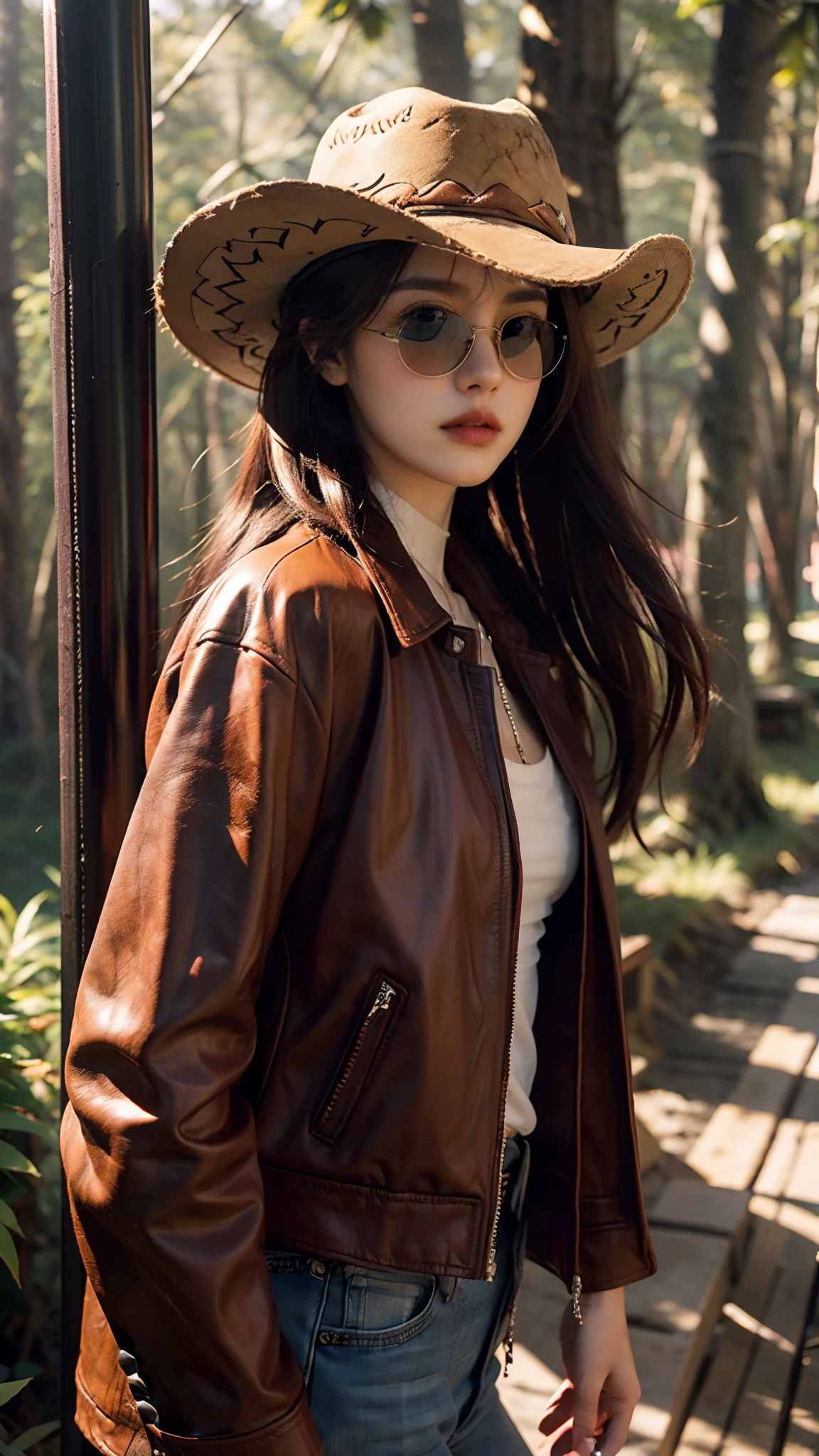 4k hltra hd, mastermiece, best quality, a girl, good face, detailed, sun glasses, detailed lips, long hair, strait hair, wearing cowboy clothes, pink leather jacket, pink clothes, cowboy hat, forest background, sun lighting, attractive pose,