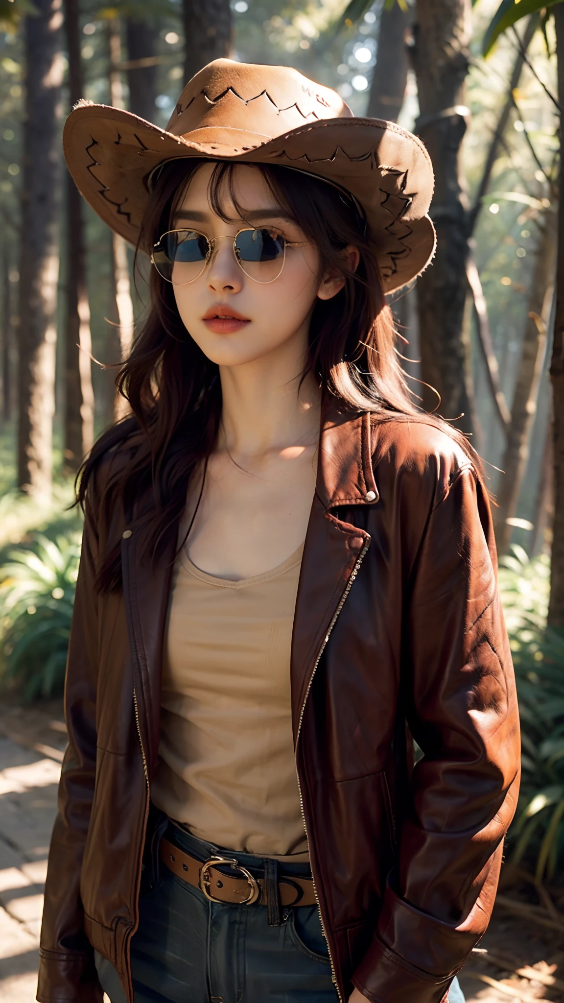 4k hltra hd, mastermiece, best quality, a girl, good face, detailed, sun glasses, detailed lips, long hair, strait hair, wearing cowboy clothes, pink leather jacket, pink clothes, cowboy hat, forest background, sun lighting, attractive pose,