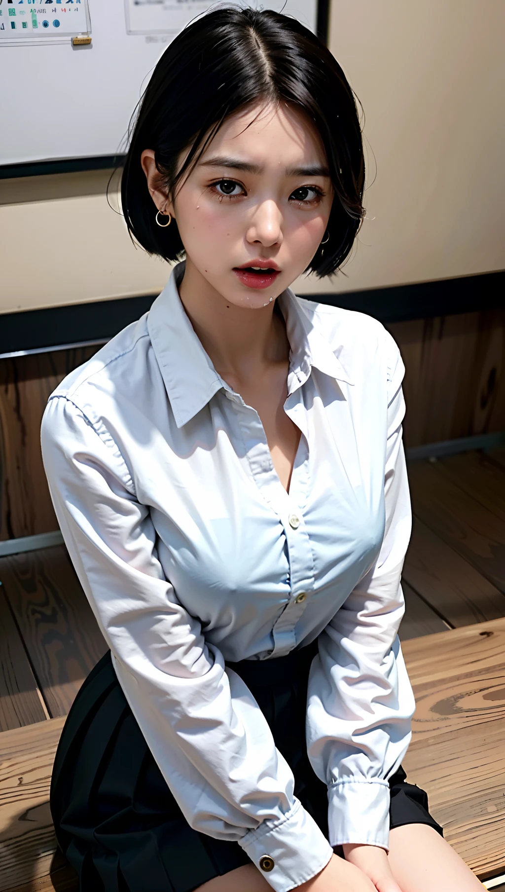 (Best quality, 8k, 32k, Masterpiece, UHD:1.2),Photo of Pretty Japanese woman,detailed face,22 years old,medium breasts,(black,short hair:1.2),teacher,(open dress shirt,long sleeves:1.1),(tite skirt:1.5),earings,(from above:1.1),pov,looking at viewer,sitting floor,wooden floor,white wall,(cum on breasts:1.3),(drooling:1.5),(cry:1.2),open mouth,(close up:1.2),simple background,classroom,