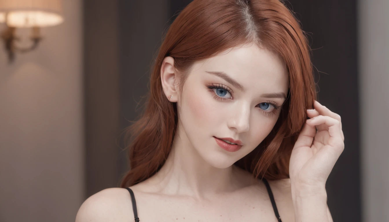 ((masutepiece)),((Best Quality)),Making a realistic image of a redhead woman with blue eyes in black lingerie, Quite, At the age of 20, low water, red lipsticks, eyes with eyeliner, Beautiful body, The upper part of the body,爆乳,cleavage,lightsmile,up looking viewer