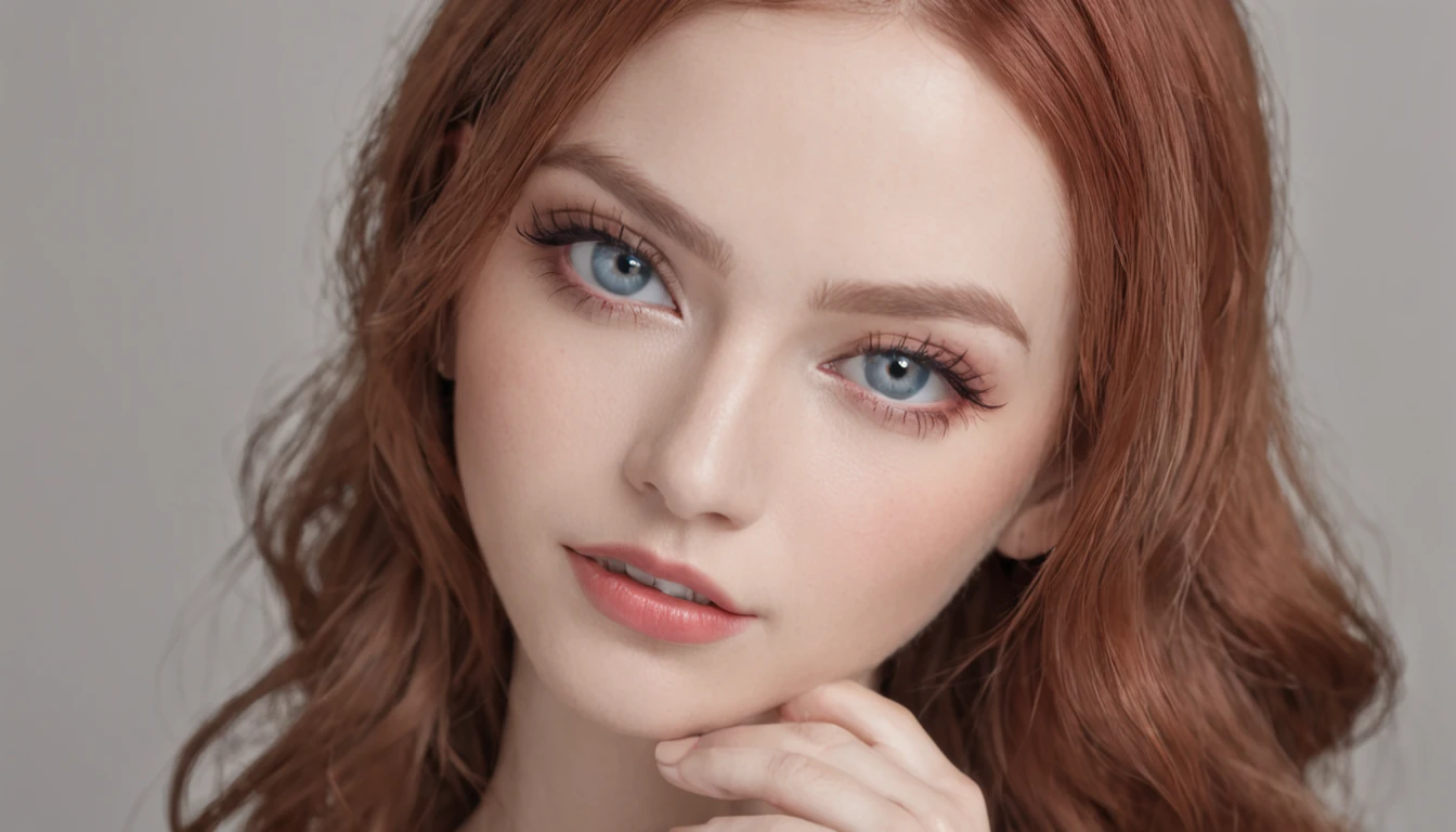 ((masutepiece)),((Best Quality)),Making a realistic image of a redhead woman with blue eyes in black lingerie, Quite, At the age of 20, low water, red lipsticks, eyes with eyeliner, Beautiful body, The upper part of the body,爆乳,cleavage,lightsmile,up looking viewer