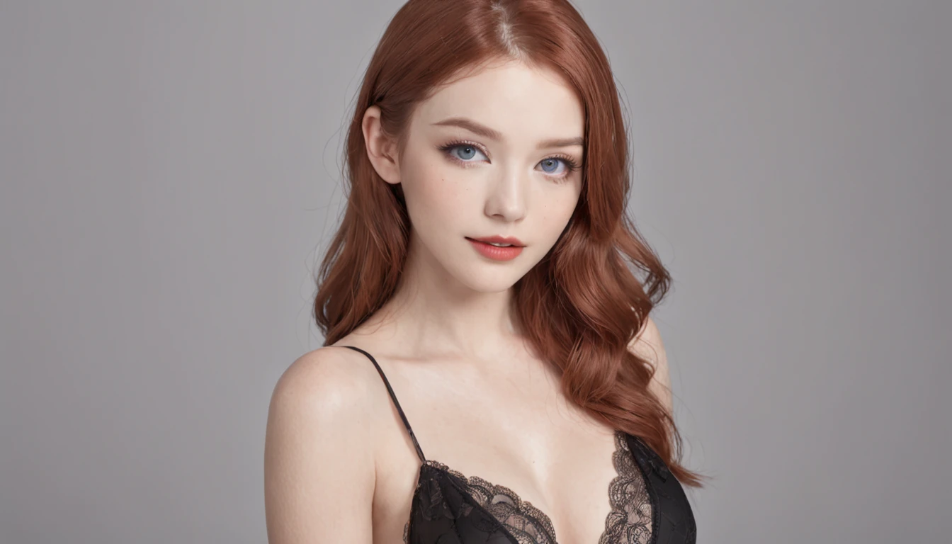 ((masutepiece)),((Best Quality)),Making a realistic image of a redhead woman with blue eyes in black lingerie, Quite, At the age of 20, low water, red lipsticks, eyes with eyeliner, Beautiful body, The upper part of the body,爆乳,cleavage,lightsmile,up looking viewer