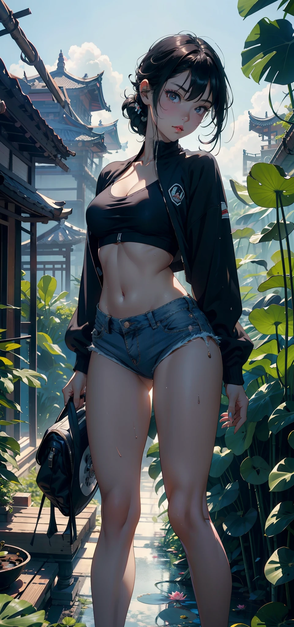 1female,3 years old,bit girl,Small loli,huge-breasted,long leges,slenderlegs,Big breasts Thin waist,Pornographic exposure, 独奏,(Background with:bamboo forrest,lotuses,lotus flower,exteriors,Lotus pond) She has short black hair,Qi bangs,bobo head,standing on your feet,Sweat profusely,drenched all over the body,seen from the front, hair straight, mostly cloudy sky,(((tmasterpiece),(Very detailed CG unity 8K wallpaper),best qualtiy,cinmatic lighting,detailed back ground,beatiful detailed eyes,Bright pupils,Black eyes,(Very fine and beautiful),(Beautiful and detailed eye description),ultra - detailed,tmasterpiece,)),facing at camera,A high resolution,ultra - detailed),revealing breasts,Bare genitalia, Bulge,legs are open,Raised sexy,Camel toes,Flushed complexion,Open-mouthed,frontage,elementary student(Black baseball jacket,Sexy revealing denim panties,black sneaker shoes,nakeness),frontage