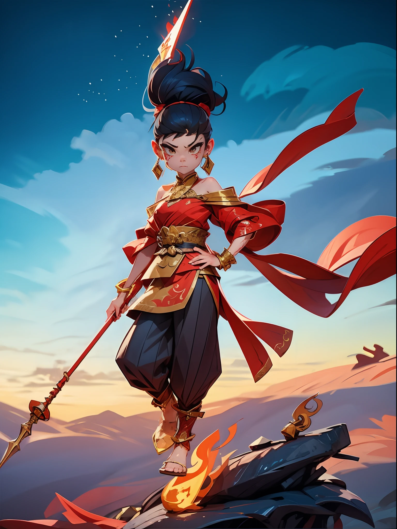 1girl, blood on face, angry, holding spear, (flying), chinese mythology,cloudy, detailed sky, abstract background, (flame_surge_style:0.5)