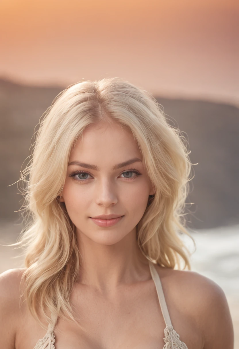 A pretty sexy blonde hair woman with pretty bikini and nice body at the beach sea looking hot at the camera with a very cute smile
