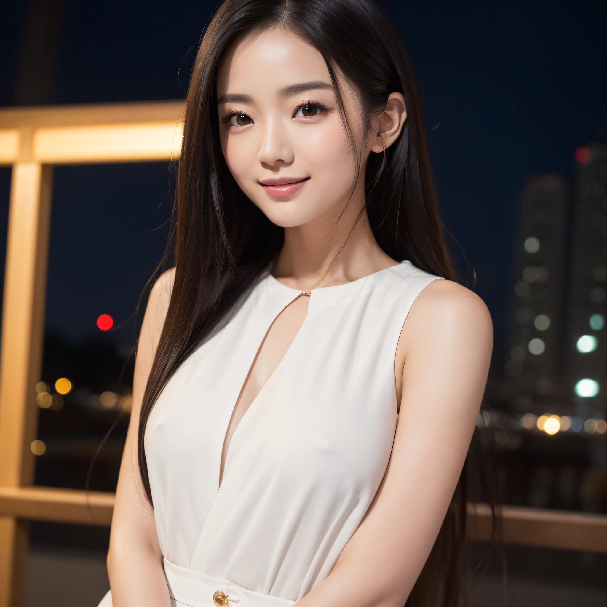 One lady、((best qualtiy、8k masterpieces:1.3))、foco nítido:1.2、(ultra beautiful faces:1.0)、(shinny skin:1.0)、photos realistic、A dark-haired、Video Lighting、High-definition eyes and face、Video Lighting、(Korean Cute Actress)、from the front side、medium breasts、(ssmile:1.2)、Sleeveless、Slender Abs Beauty、Whole body、Wearing a white blouse、in tokyo at night