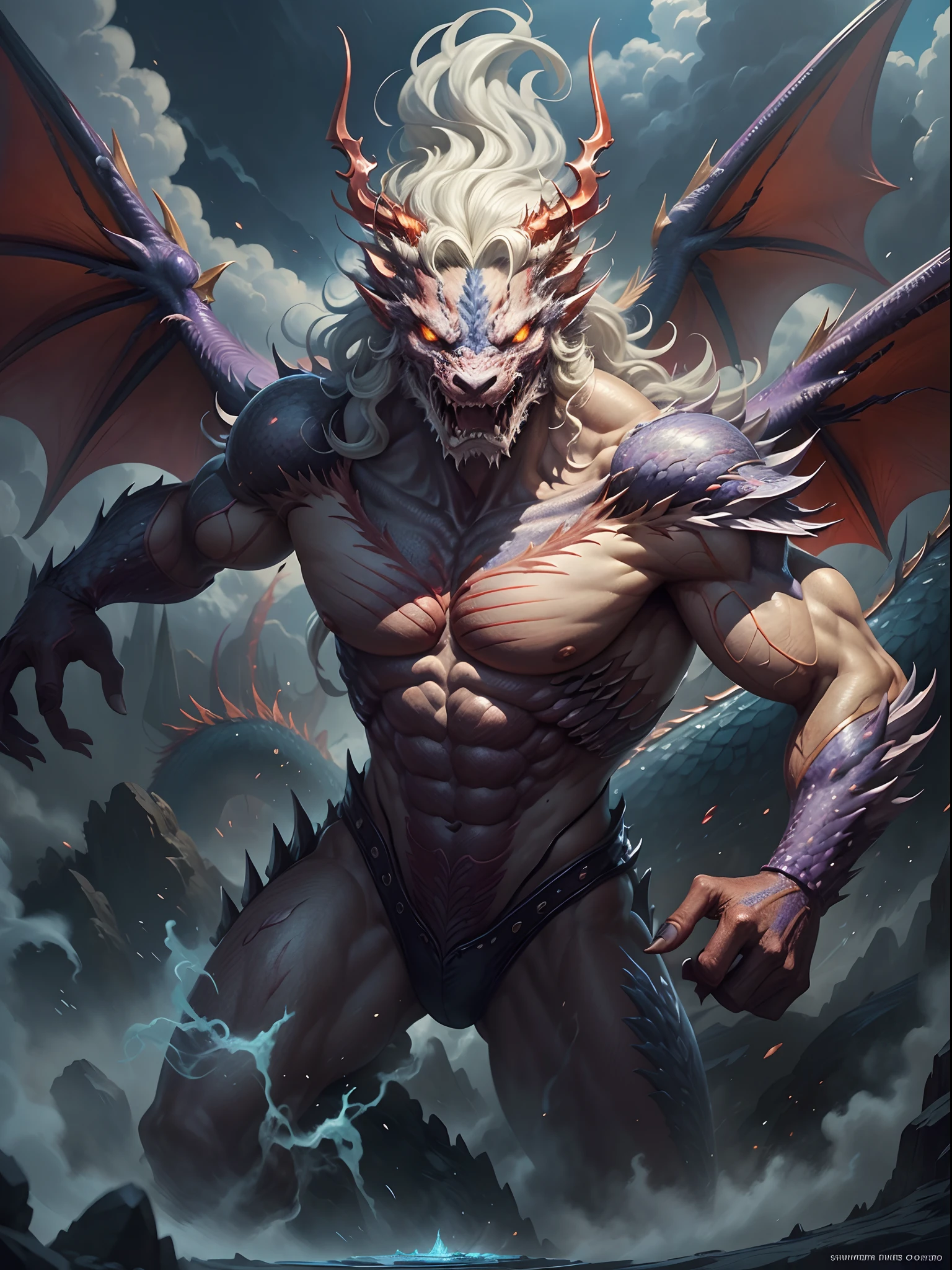 "Epic dragon wars - unleash the fury! A breathtaking masterpiece capturing the best quality and ultra-detailed CG art. The fierce battle unfolds with dynamic angles and poses. Be mesmerized by the fiery gaze of the dragons - their scales shimmering in silver, red, and purple hues. The grandeur of the battlefield is enhanced by the twilight sky, streaming clouds, and a watercolor-like ambiance. Witness the power of these mythical creatures in this high-resolution, 8K wallpaper."