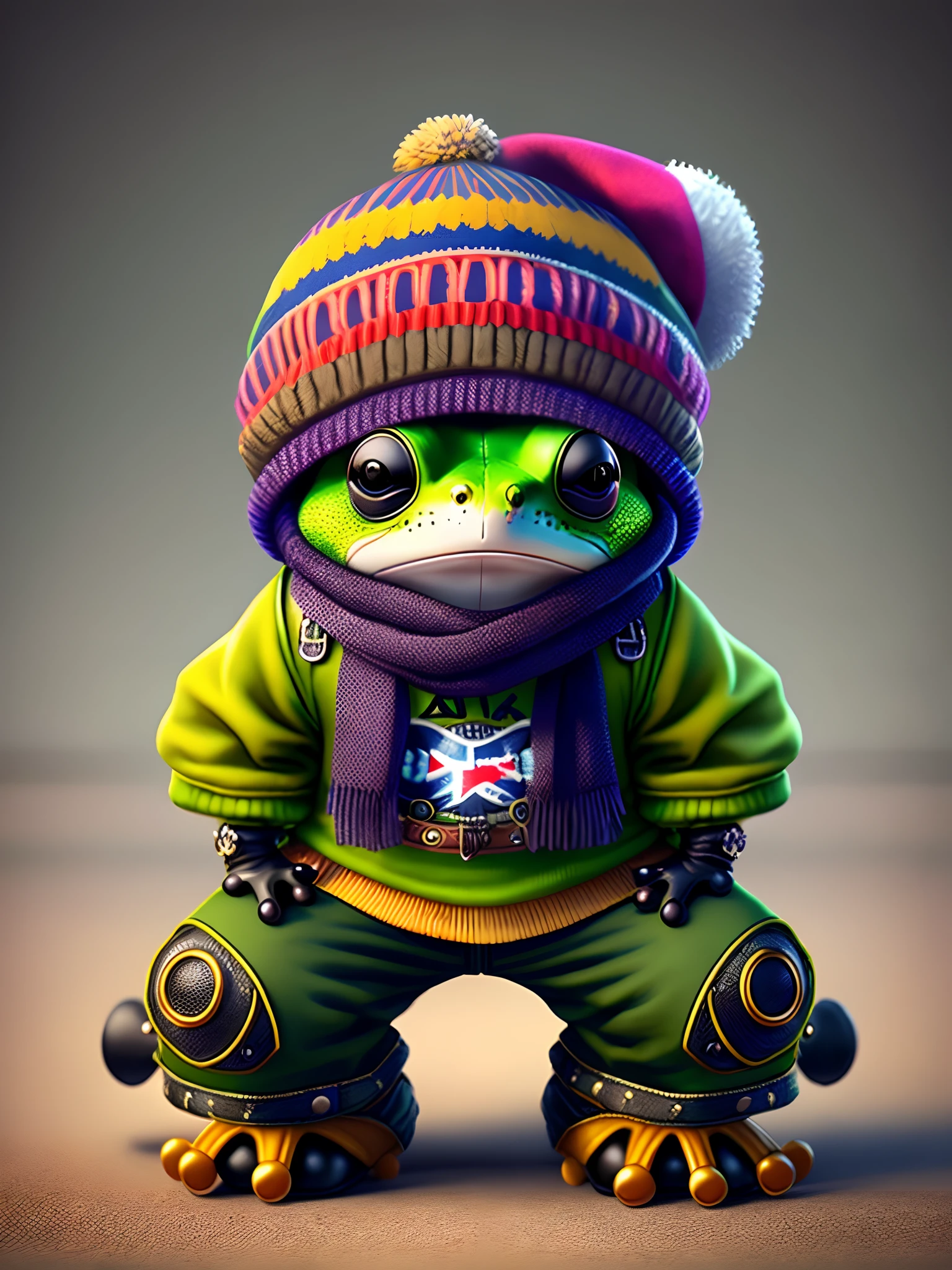 Image of a frog wearing a hat and scarf, trends in the art station, dressed in punk clothing, Ultra-realistic detail rendering, British gang member, Urban style, intimidating pose, Planet of Frogs, Fashion clothes, Urban Samurai, meow, West Slavic traits, 8 1 5