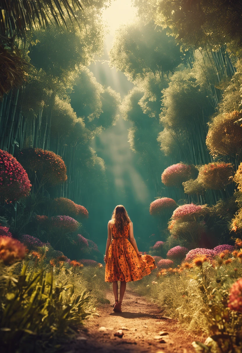 Earthy roads，adult girl，bamboo forrest，A sunflower