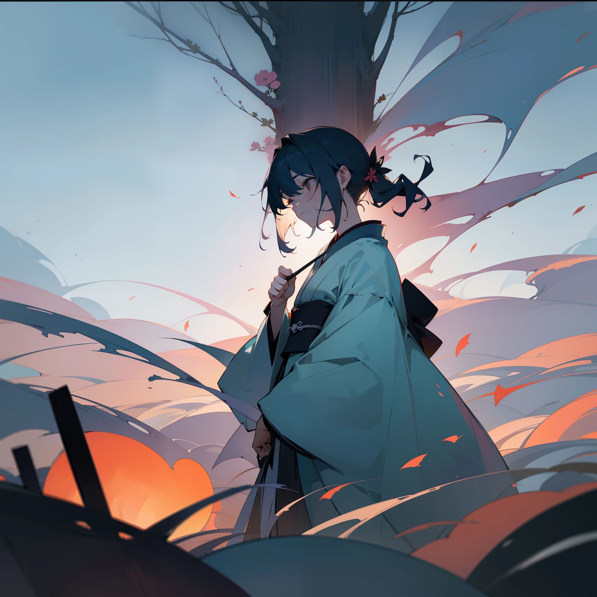 The eerie balance created by Taiki is、Heavy in the dark々Shaken。On both scales、A mass of dark shades floats silently in the air、The surrounding world is covered with withered flowers and vegetation。At its heart is、There stood a woman dressed in kimono.、Silently gazing at this tragic scene。Despair and sadness in her eyes、And a deep shadow is falling that makes you feel the pressure of this scenery、Top image quality、Landscape painting