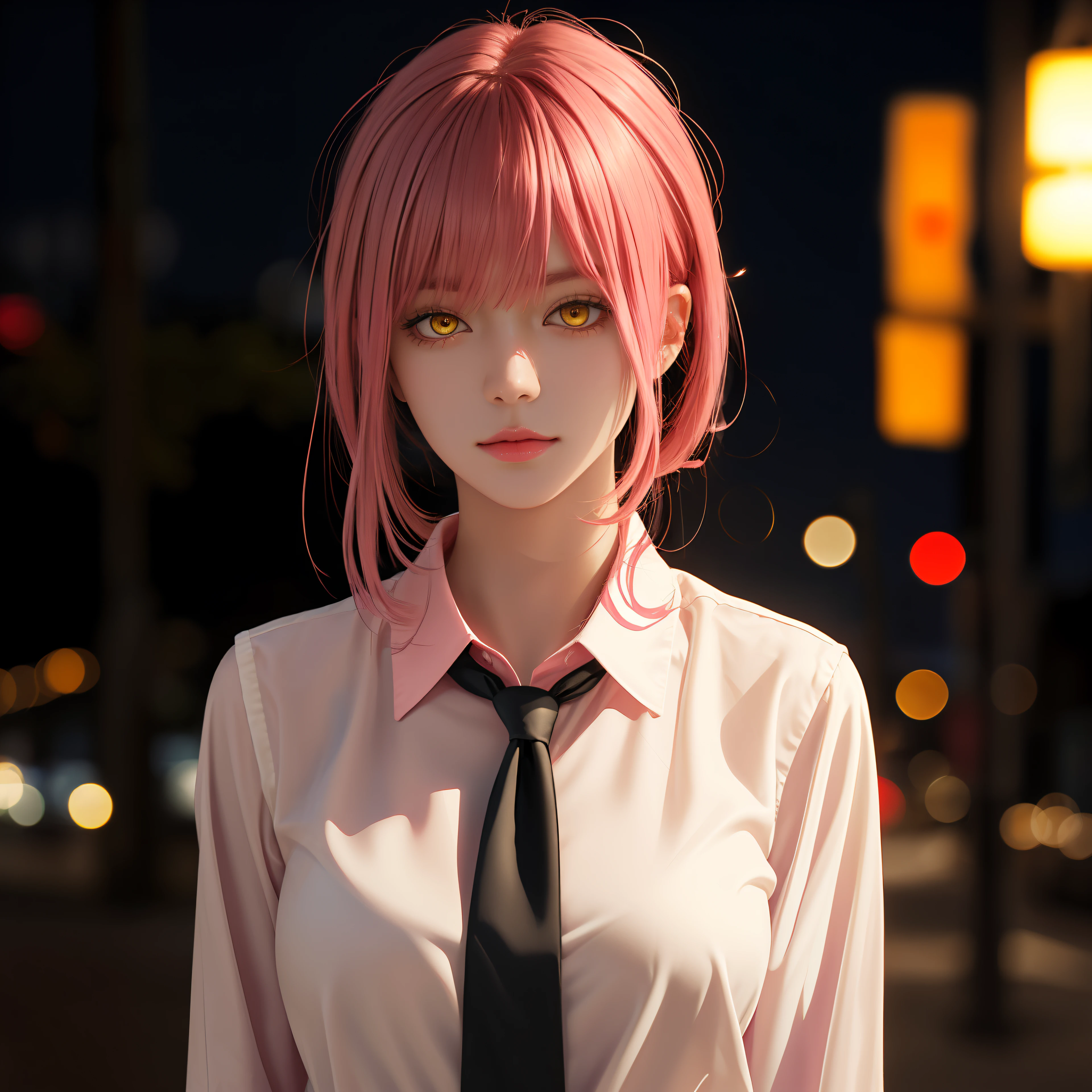 upper body, (masterpiece), detailed background, perfect lighting, 1girl, bangs, medium breasts, blouse,pink hair, yellow eyes, city, urban, bokeh, depth of field, | wear black tie |,makima \(chainsaw man\),makima\(chainsaw man\),makimacsm