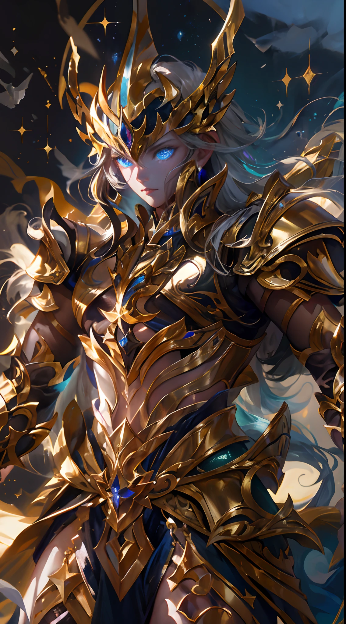 Ultra-high saturation，（tmasterpiece）， fully body photo，（best qualtiy）， （1girll）， starryskybackground，Wearing shiny gold armor， Sexy lingerie type armor，Expose your chest，Expose the waistline，Exposing thighs，cool-pose， Saint Seiya Armor， messy  hair，high detal, Anime style, Cinematic lighting, Sparkle, god light, Ray traching, filmgrain, hyper HD, textureskin, super detailing, Anatomical correct, A high resolution，Ultra-high saturation，hight contrast，High-gloss armor，Smooth skin，Serious expressions,Dark room,