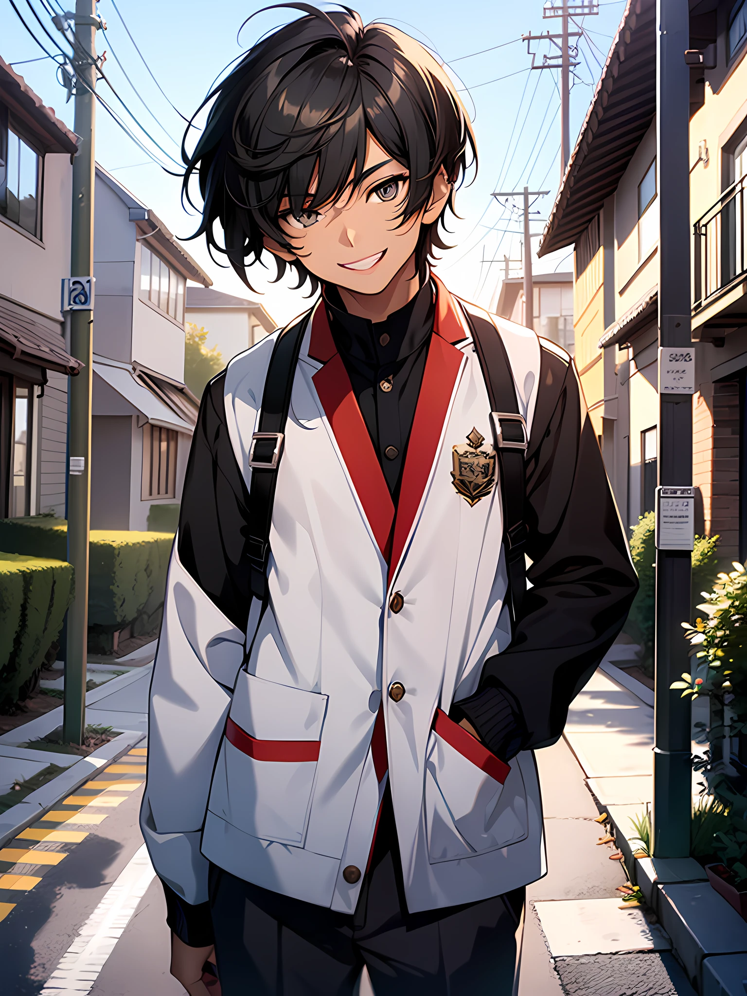 1 teenager boy who is smiling with her teeth open, his skin is white, with beautiful hazel eyes, two sided haircut black hair, he is standing straight with good composure, he is wearing highschool uniform, his in the neighborhood, high resolution, ultrasharp, 8k, masterpiece, looking at viewer