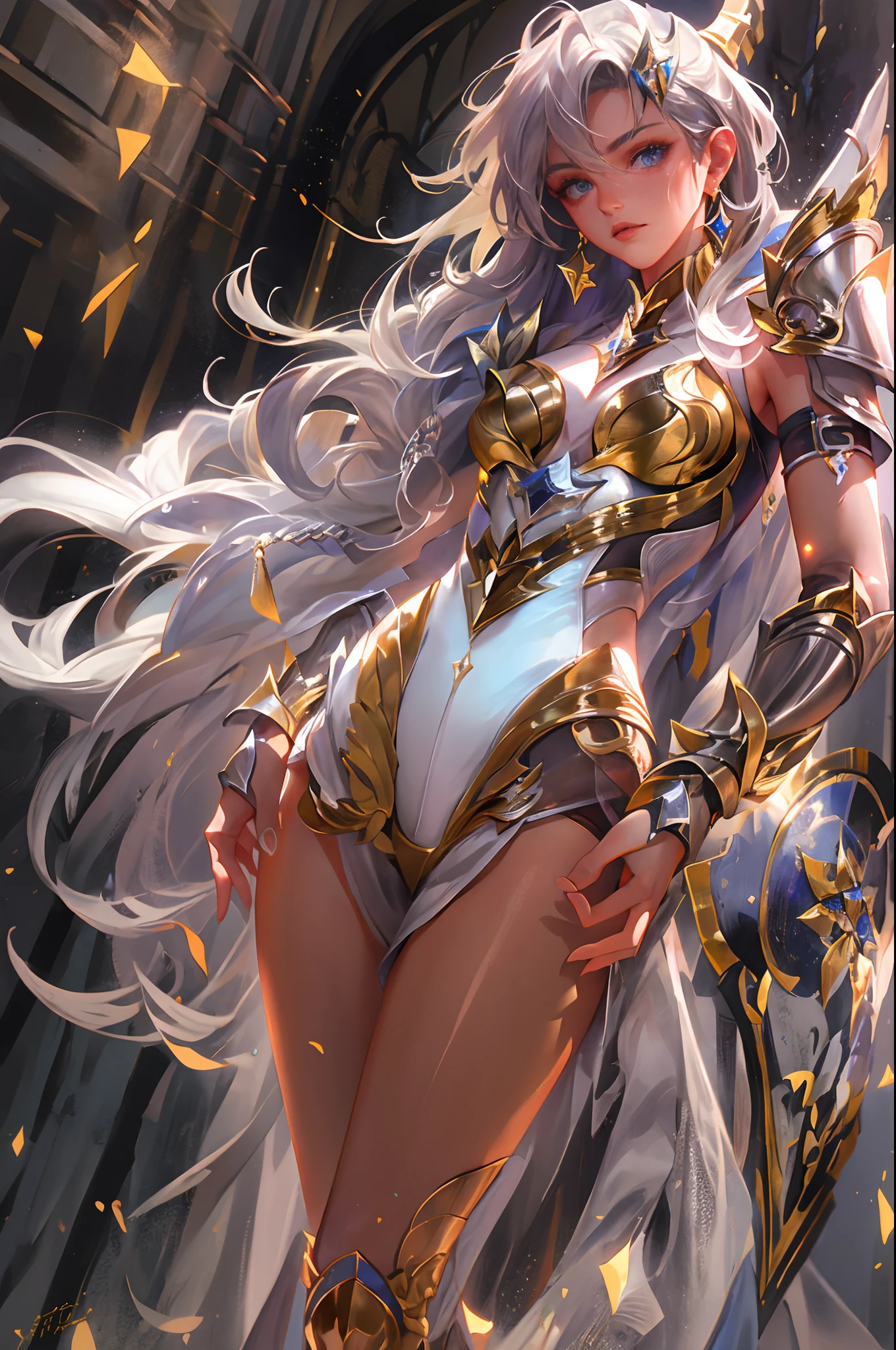 Ultra-high saturation,(tmasterpiece), fully body photo,(best qualtiy), (1girll), starryskybackground,Wearing shiny gold armor, Sexy lingerie type armor,Expose your chest,Expose the waistline,Exposing thighs,cool-pose, Saint Seiya Armor, messy hair,high detal, Anime style, Cinematic lighting, Sparkle, god light, Ray traching, filmgrain, hyper HD, textureskin, super detailing, Anatomical correct, A high resolution,Ultra-high saturation,hight contrast,High-gloss armor,Smooth skin,Serious expressions,Dark room,