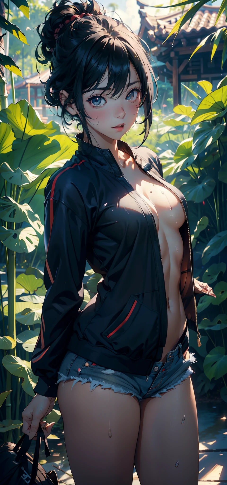 1female,,bit girl,Small loli,Small t Thin waist,Pornographic exposure, 独奏,(Background with:bamboo forrest,lotuses,lotus flower,exteriors,Lotus pond) She has short black hair,Qi bangs,bobo head,standing on your feet,Sweat profusely,drenched all over the body,seen from the front, hair straight, mostly cloudy sky,(((tmasterpiece),(Very detailed CG unity 8K wallpaper),best qualtiy,cinmatic lighting,detailed back ground,beatiful detailed eyes,Bright pupils,Black eyes,(Very fine and beautiful),(Beautiful and detailed eye description),ultra - detailed,tmasterpiece,)),facing at camera,A high resolution,ultra - detailed),revealing breasts,Bare genitalia, Bulge,legs are open,Raised sexy,Camel toes,Flushed complexion,Open-mouthed,frontage,elementary student(Black baseball jacket,Sexy revealing denim panties,black sneaker shoes,nakeness),frontage