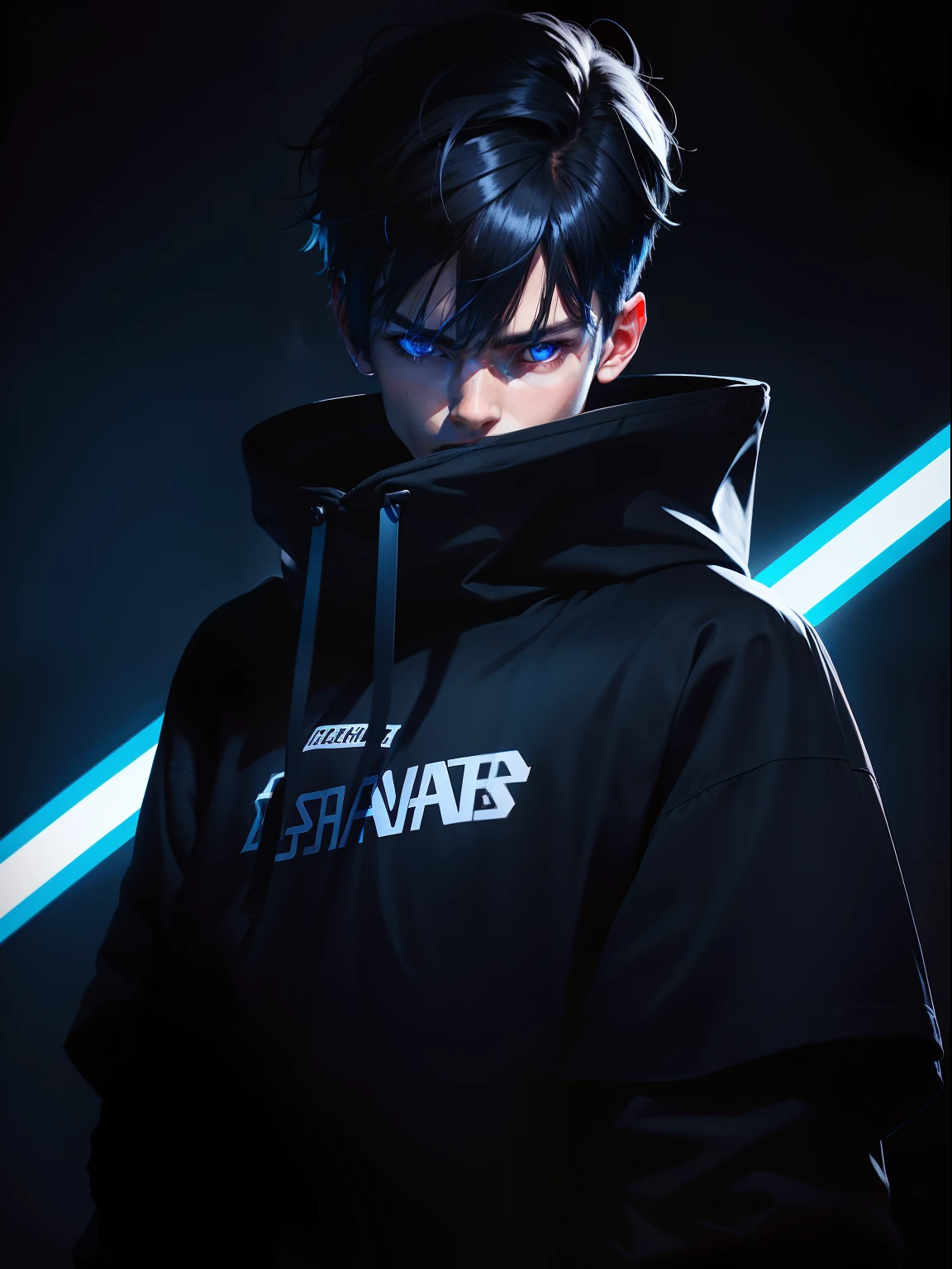 Black clothes，Blue hair，Holding a blue lightsaber，Black eyes，long whitr hair，schoolboy，shoun，Wear a sweatshirt，robe