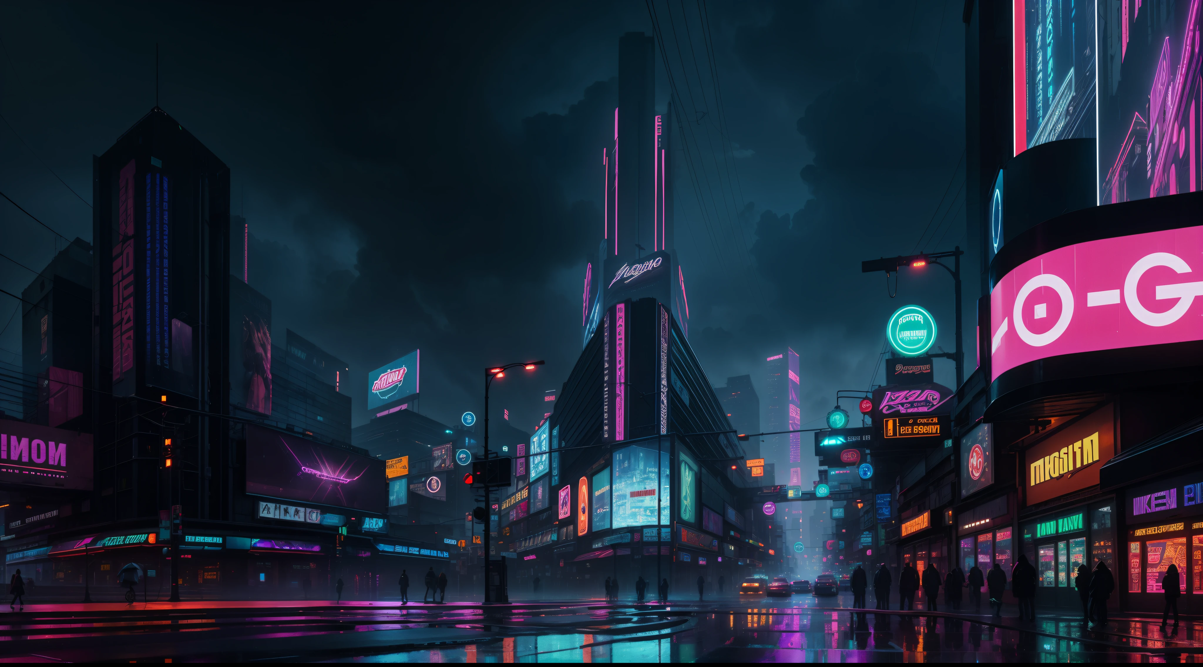 a sprawling city shrouded in darkness, illuminated only by vibrant neon lights that reflect off wet, rain-soaked streets adorned with holographic billboards and towering megacorporate logos.