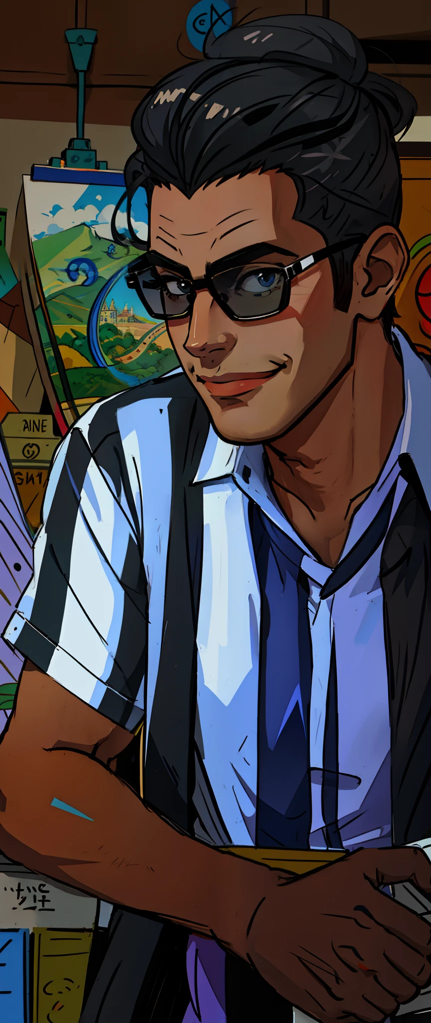 cartoon drawing of a man with sunglasses, retrato dos desenhos animados, obra surrealista. Smilling,