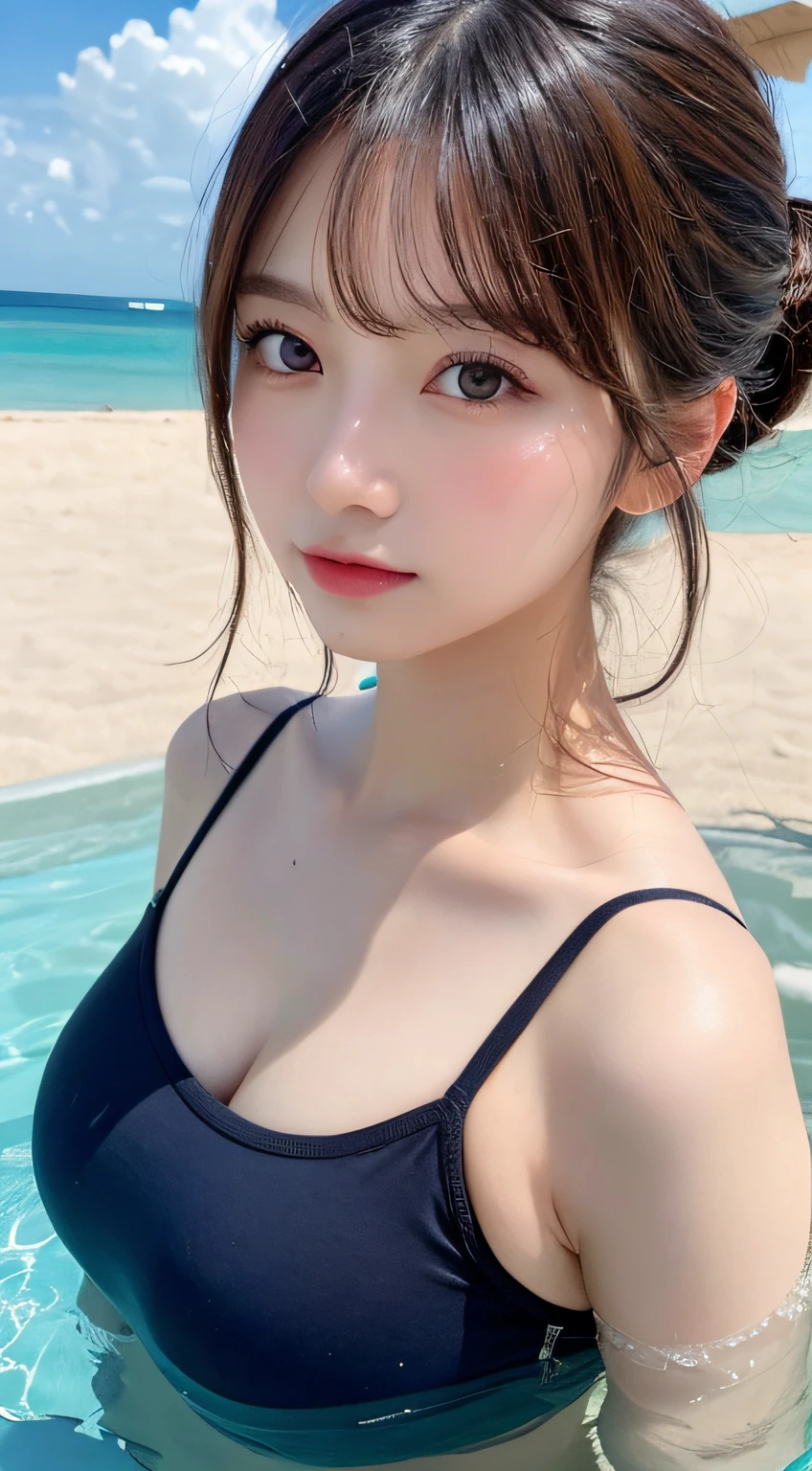 masutepiece, Best quality, illustration, Ultra-detailed, finedetail, A high resolution, 8K wallpaper, Perfect dynamic composition, Beautiful detailed eyes, swim wears, Random cute hairstyle, Medium breasts, Natural color lips,beach, Random cute pose,