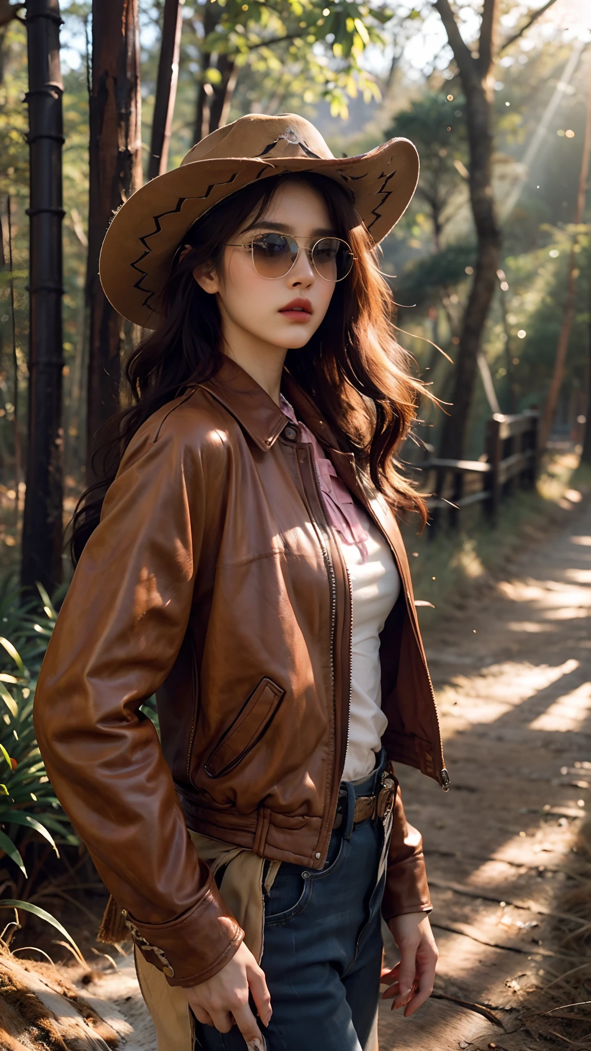 4k hltra hd, mastermiece, best quality, a cowboy girl with a lion, good face, detailed, sun glasses, detailed lips, long hair, strait hair, wearing cowboy clothes, pink leather jacket, pink clothes, cowboy hat, forest background, sun lighting, attractive pose,