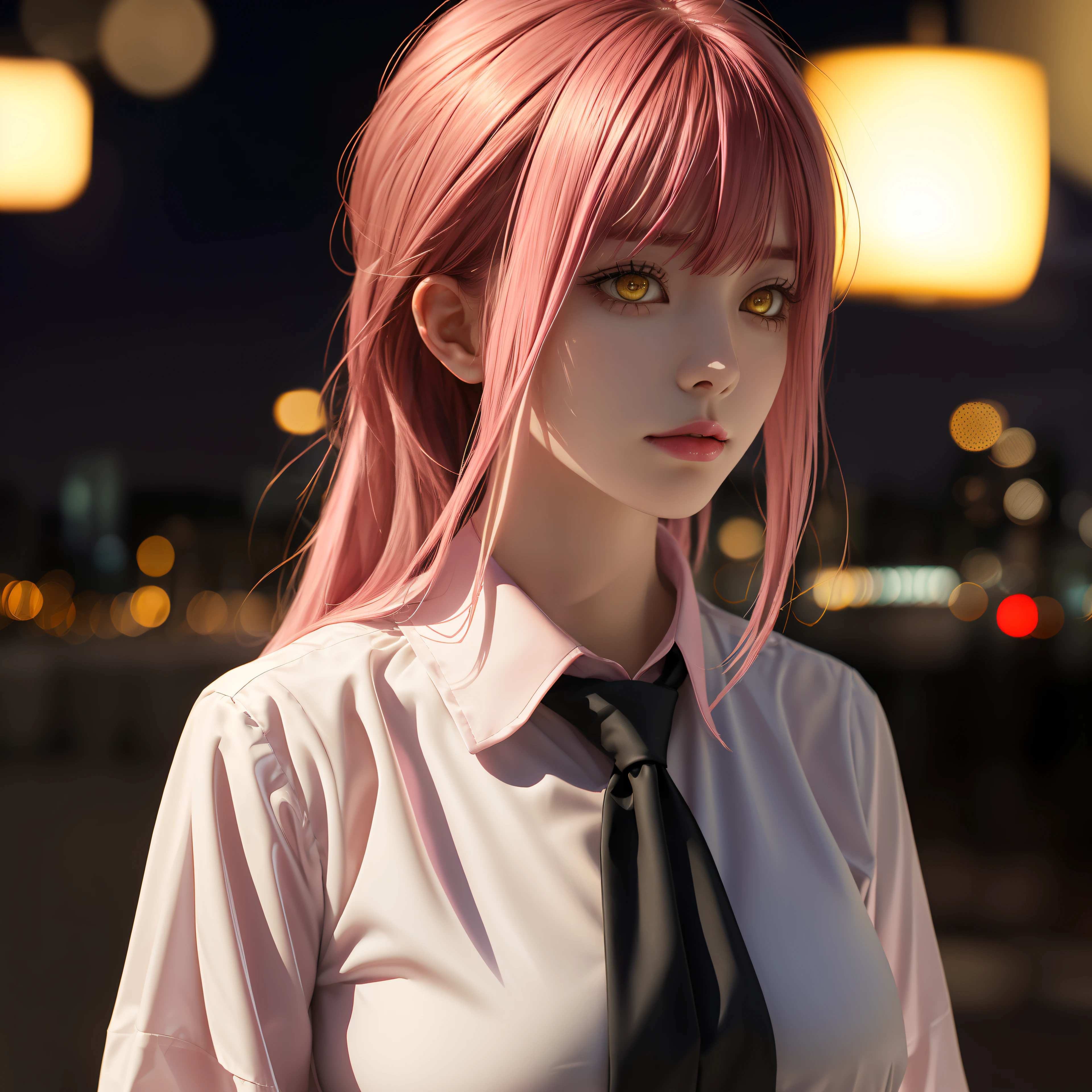 upper body, (masterpiece), detailed background, perfect lighting, 1girl, bangs, medium breasts, blouse,pink hair, yellow eyes, city, urban, bokeh, depth of field, | wear black tie |,makima \(chainsaw man\),makima\(chainsaw man\),makimacsm