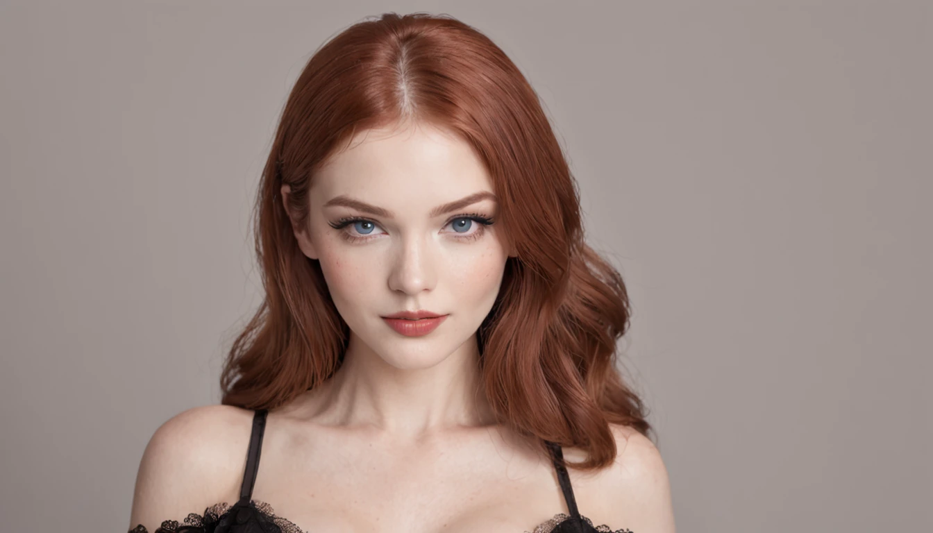 ((masutepiece)),((Best Quality)),((orgasm)),Making a realistic image of a redhead woman with blue eyes in black lingerie, Quite, At the age of 20, red lipsticks, eyes with eyeliner, Beautiful body, The upper part of the body,((So Huge Breasts)),cleavage,lightsmile,up looking viewer