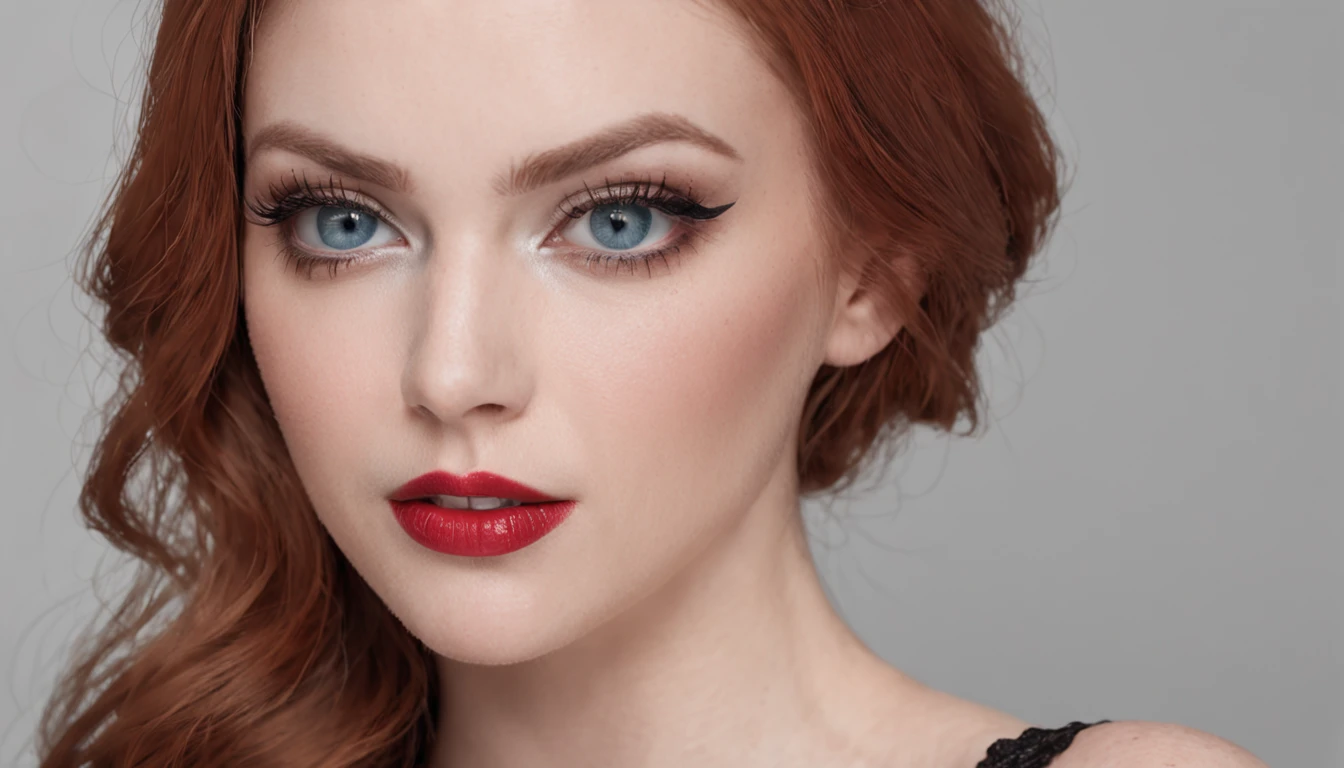 ((masutepiece)),((Best Quality)),((orgasm)),Making a realistic image of a redhead woman with blue eyes in black lingerie, Quite, At the age of 20, red lipsticks, eyes with eyeliner, Beautiful body, The upper part of the body,((So Huge Breasts)),cleavage,lightsmile,up looking viewer