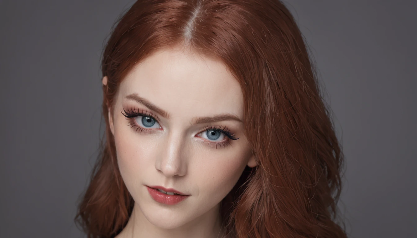 ((masutepiece)),((Best Quality)),((orgasm)),Making a realistic image of a redhead woman with blue eyes in black lingerie, Quite, At the age of 20, red lipsticks, eyes with eyeliner, Beautiful body, The upper part of the body,((So Huge Breasts)),cleavage,lightsmile,up looking viewer