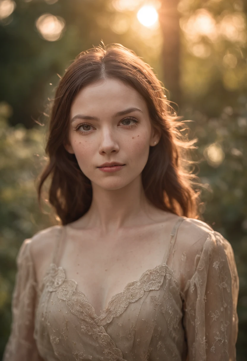 An ultra-realistic portrait of an extremely beautiful woman with a happy glow on her face while she doesn't realize angry zombies running behind her back. She exudes an air of innocence and purity, a stark contrast to the impending danger lurking just behind her. Her eyes sparkle with joy, unaware of the impending doom. The setting is a serene garden bathed in soft, golden sunlight, providing a stark contrast to the approaching darkness. Photo taken by Alex Anderson with a Nikon D850 and a 85mm f/1.4 lens. Award-Winning Photography style, using Rembrandt lighting and natural sunlight, 8K, Ultra-HD, Super-Resolution. --v 5 --q 2
