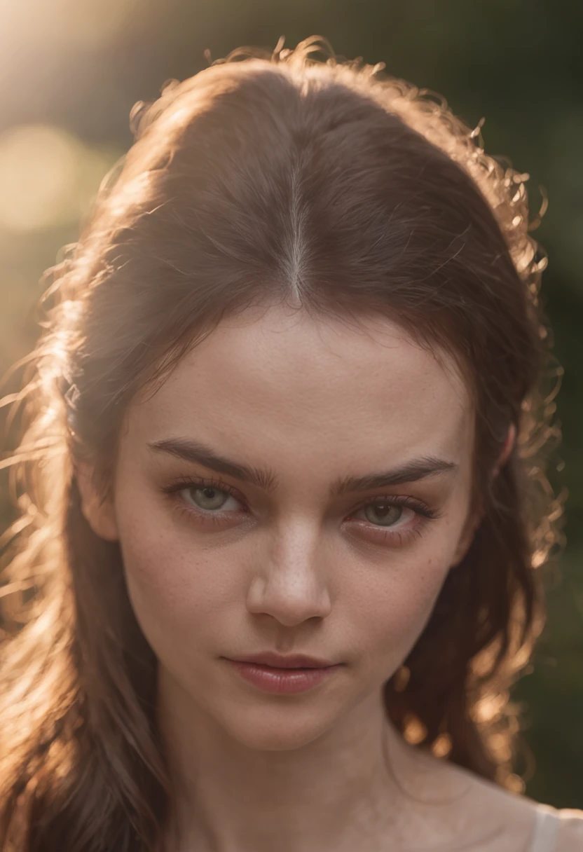 An ultra-realistic portrait of an extremely beautiful woman with a happy glow on her face while she doesn't realize angry zombies running behind her back. She exudes an air of innocence and purity, a stark contrast to the impending danger lurking just behind her. Her eyes sparkle with joy, unaware of the impending doom. The setting is a serene garden bathed in soft, golden sunlight, providing a stark contrast to the approaching darkness. Photo taken by Alex Anderson with a Nikon D850 and a 85mm f/1.4 lens. Award-Winning Photography style, using Rembrandt lighting and natural sunlight, 8K, Ultra-HD, Super-Resolution. --v 5 --q 2
