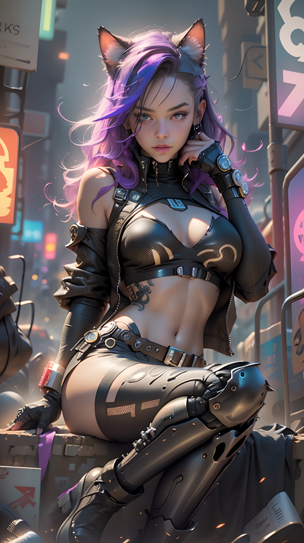 Cyberpunk neko catgirl with cyberpunk prosthetics portrait photograph, cat ears, tech jacket, , long hair, ((sitting pose)), cyberpunk city streets, futuristic style, Sci-fi, hyper detailed, photorealism, hyper realism, painting, 8K, HD, super resolution , Cinematic lighting, contrasting light and shadow, 8K, HD, Super-Resolution, strong depth of field