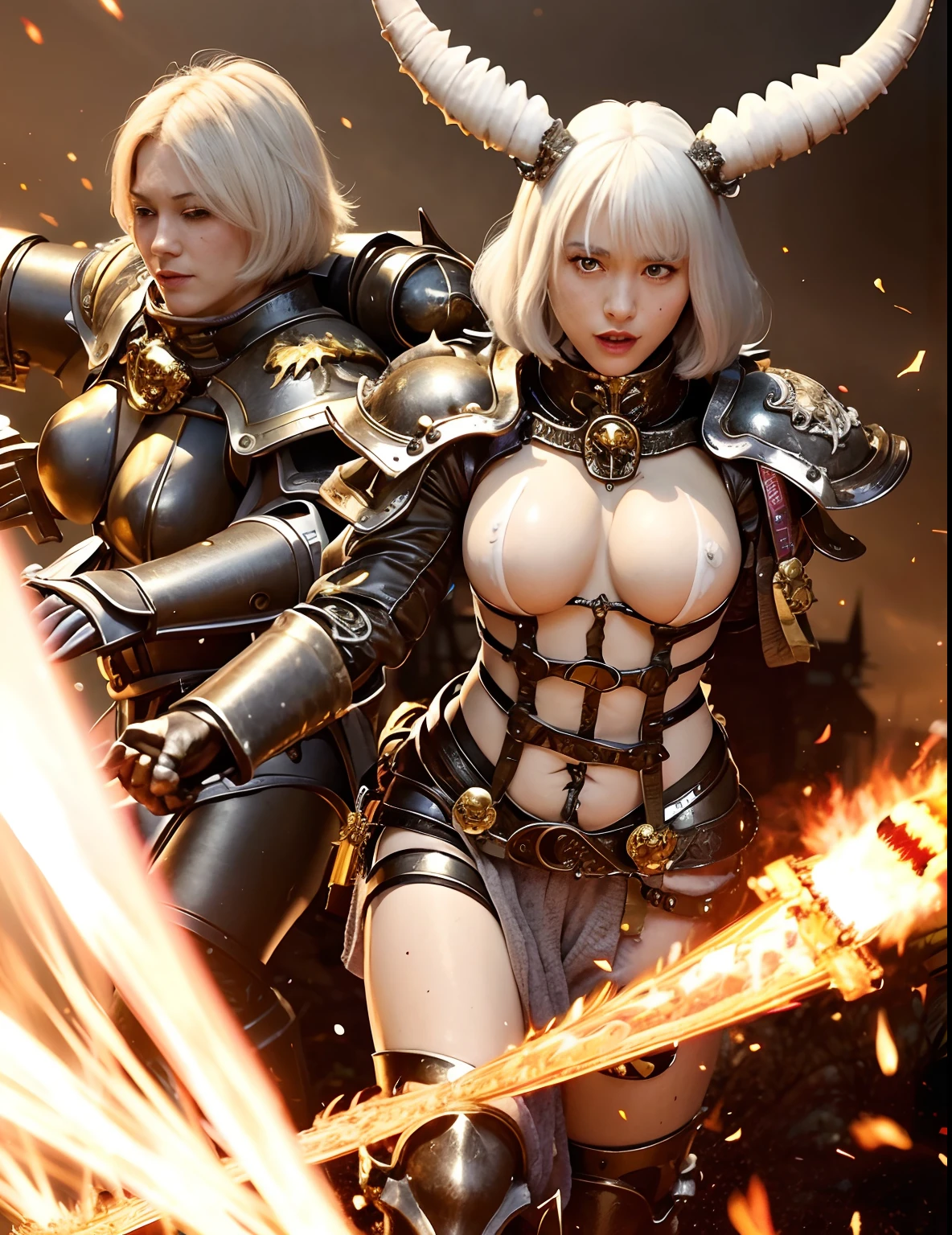 Professional , masterpiece、top-quality、photos realistic , depth of fields 、(White Metal Body:1.9),(Matte White、(cleavage of the breast)、Dragon Gold Weapon、Particles of light、(White Metal Body:1.4),Gorgeous gold weapons ,(( Dragon dense and gorgeous dragon sword)) , (demonic wings) ,warhammer 40k 、((White hair))、(Castle background)、(demonic wings)、((Gangle's forest background))、Beautiful Caucasian beauty、1a person、dynamic ungle,(((Two devil's horns on the head)))、Smaller head、Strange smile、Thin and beautiful female hands、cleavage of the breast、Soldier in iron armor on background、Mystical expression、Light Effects、intense fighting、Wind-effect、magic circles、With the legendary magic wand、Dragon's tail、