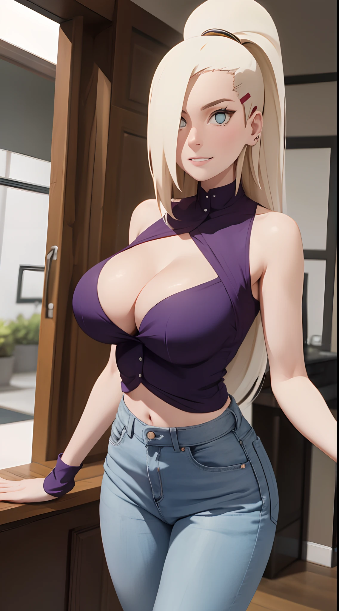 Ino yamanaka， schneit， sat，Spaltung，smil，Rot im Gesicht sein，drinnen im Zimmer，Nahaufnahme Nahaufnahme，mit einer guten Figur,mid large ,The  fall out immediately,clenched ,enges, open white shirt,Blaue skinny Jeans,both arms behind the back,nippel guckt raus