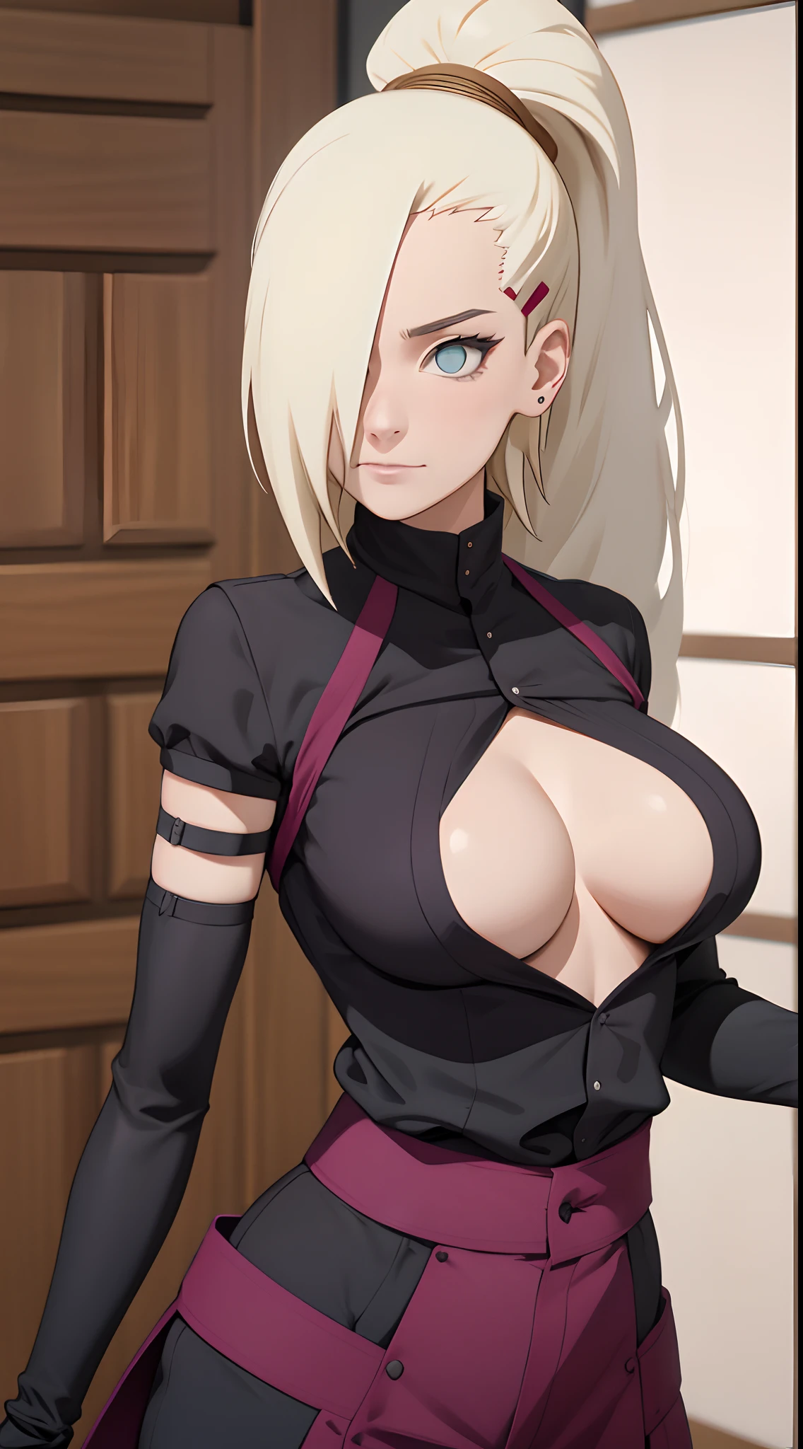 Ino yamanaka， Komono， Schneit， sat，lila Kleidung，Schulterfreie Kleidung，Spaltung，smil，Rot im Gesicht sein，drinnen im Zimmer，Nahaufnahme Nahaufnahme，mit einer guten Figur,mid large breasts,Breasts fall out right away,clenched breasts,Schwarze Shirt,Schwarze Cargo Hose,Langer Schwarzer Umhang,